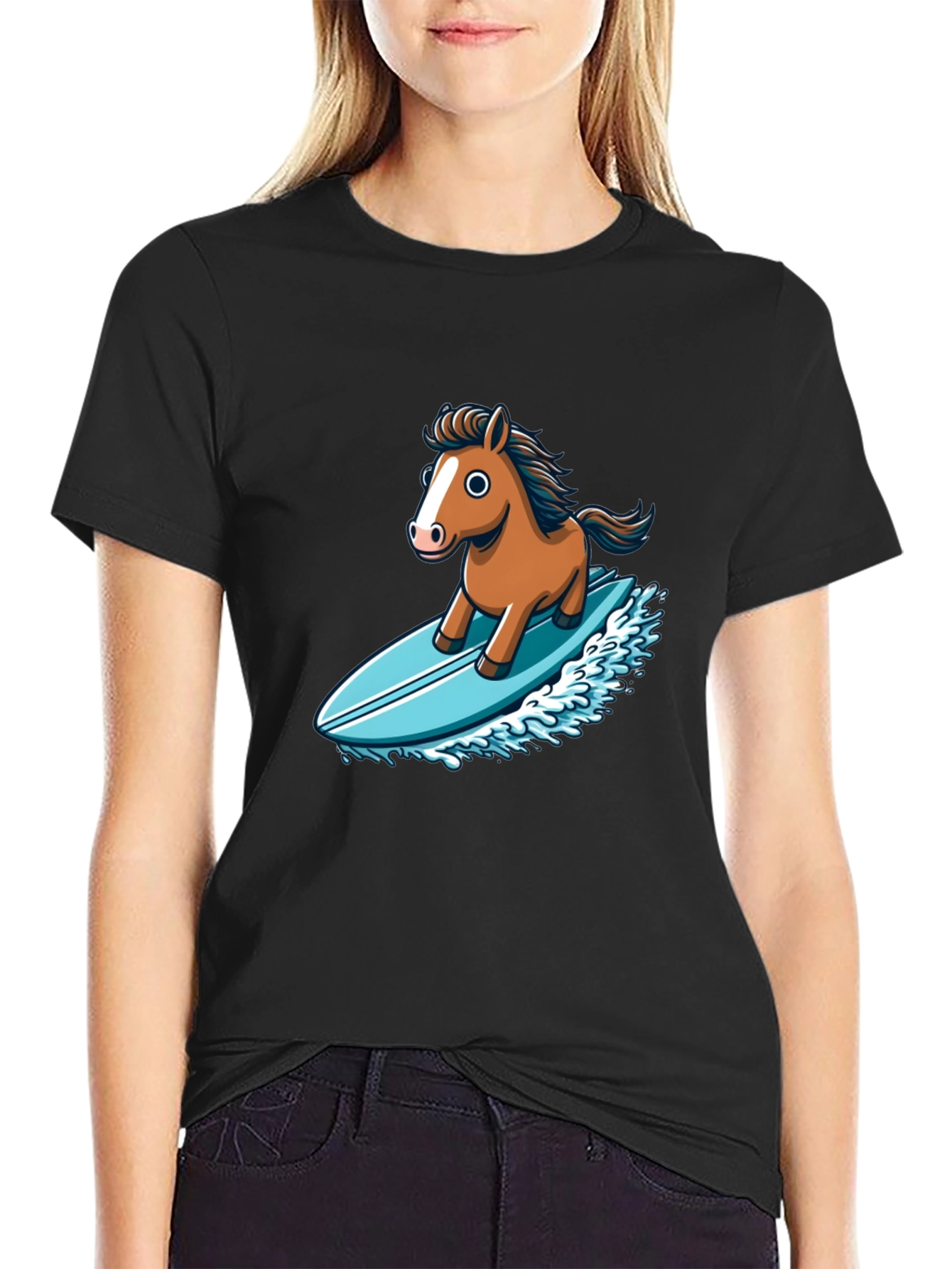 Camiseta Negra con Diseño Divertido de Caballo Surfista