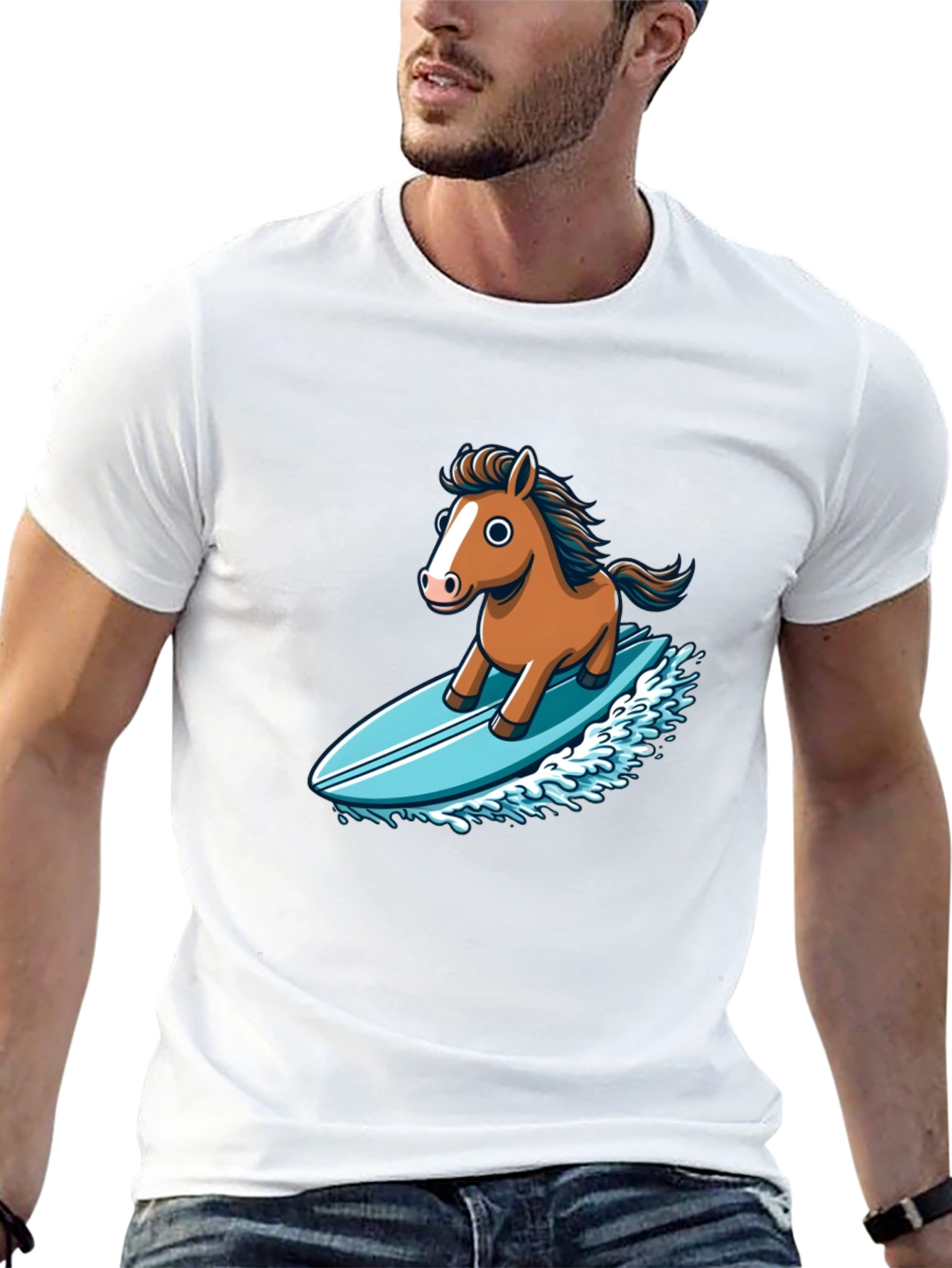 Camiseta Negra con Diseño Divertido de Caballo Surfista