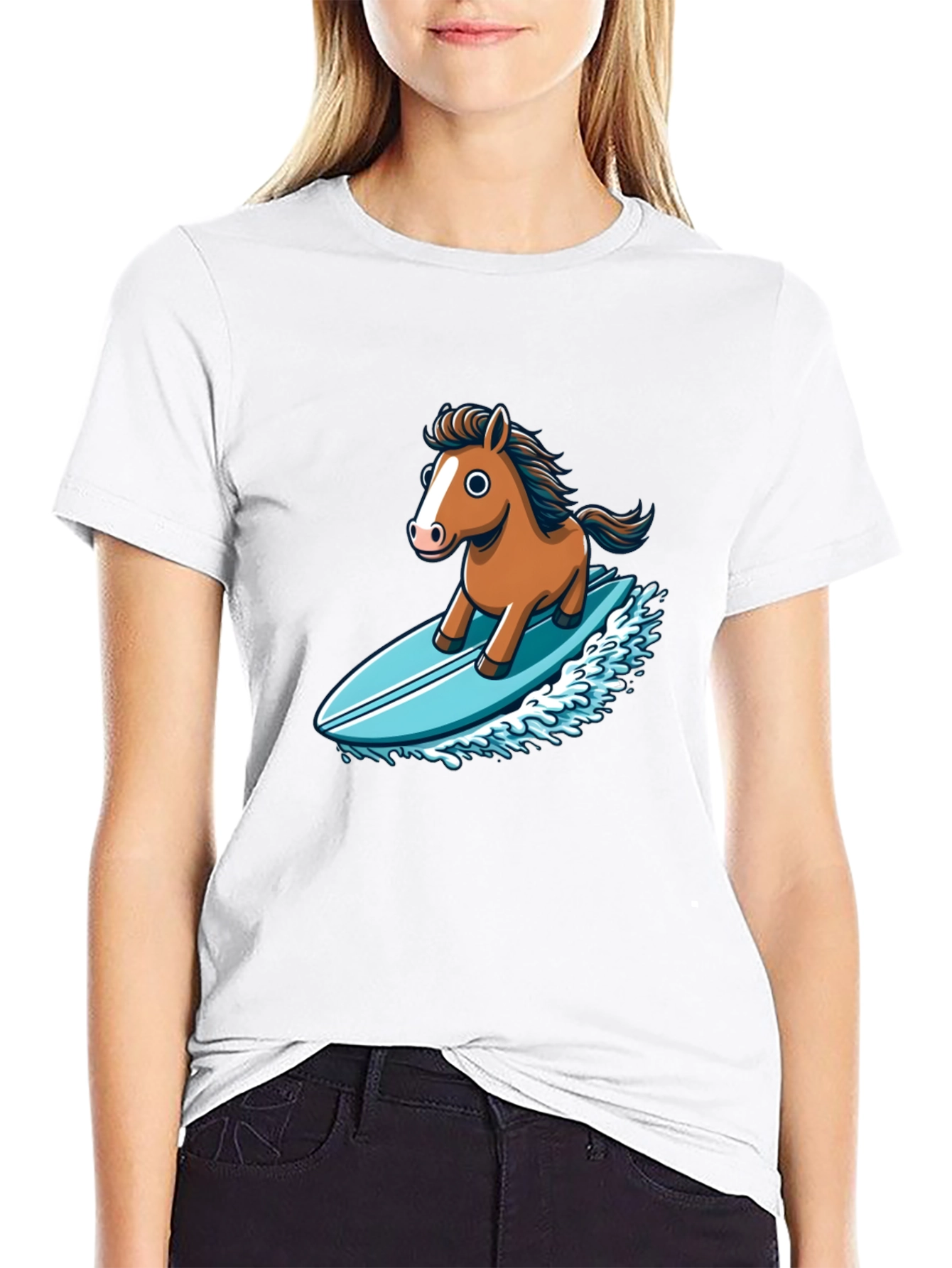 Camiseta Negra con Diseño Divertido de Caballo Surfista