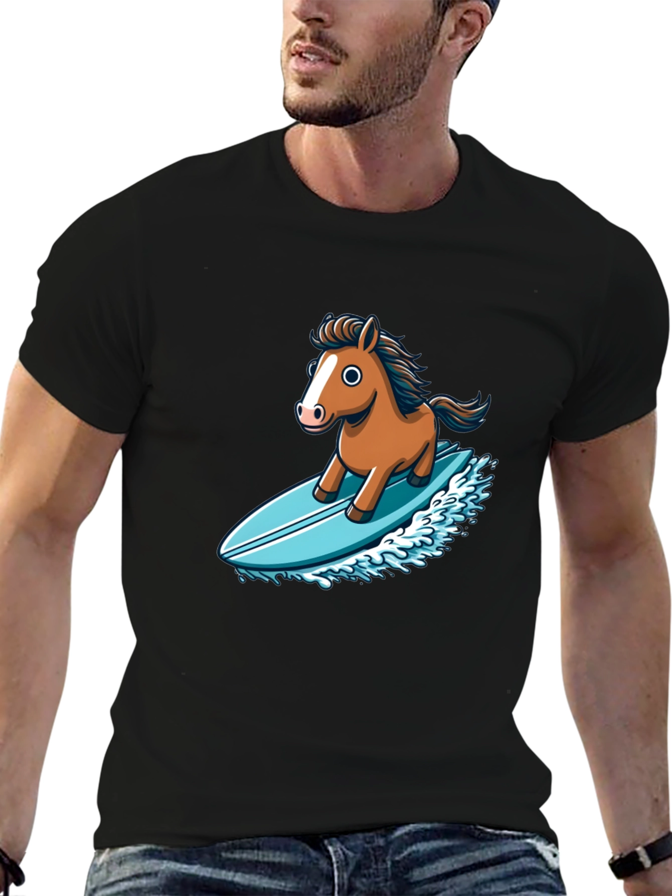 Camiseta Negra con Diseño Divertido de Caballo Surfista