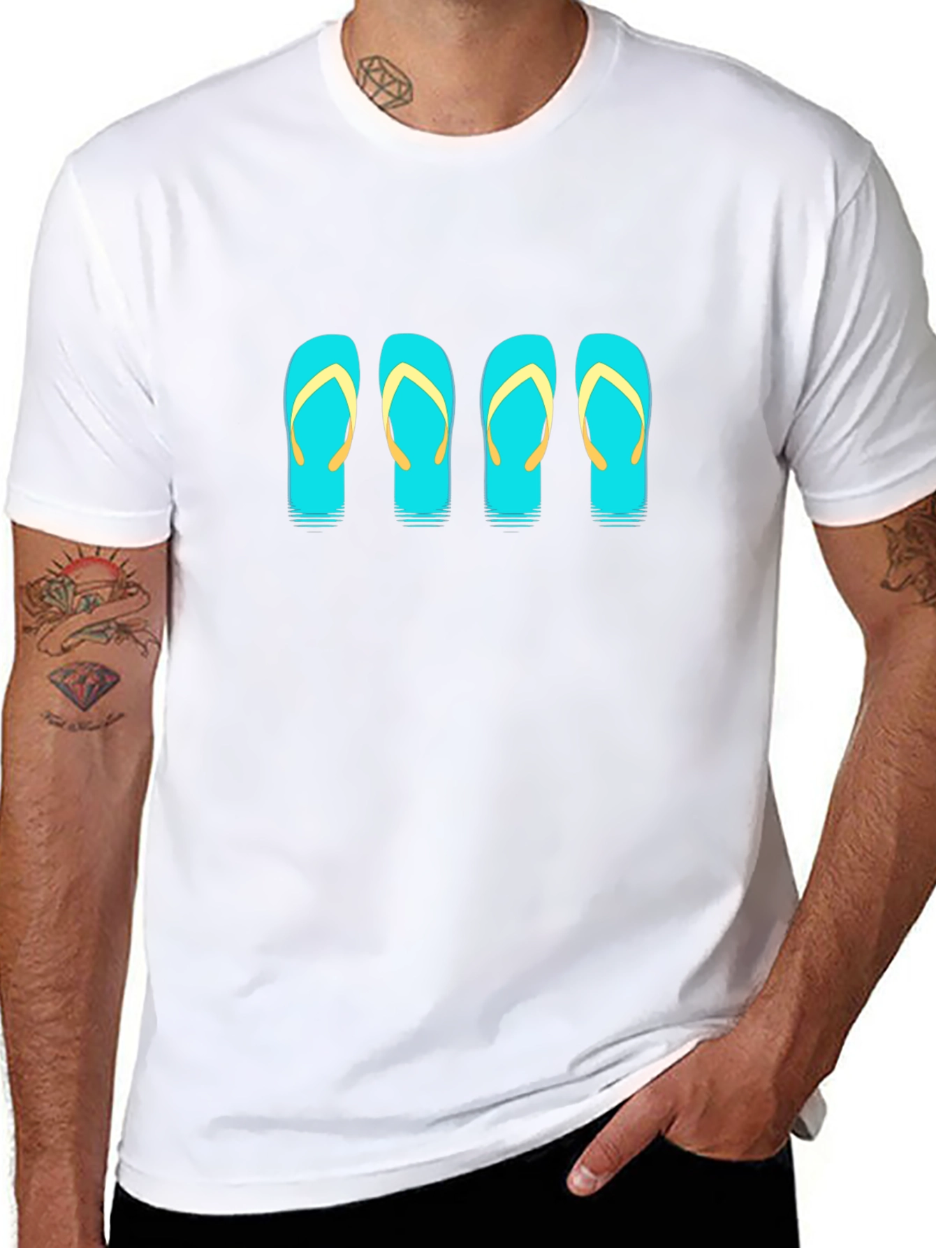 Camiseta Negra con Diseño de Chanclas Turquesa
