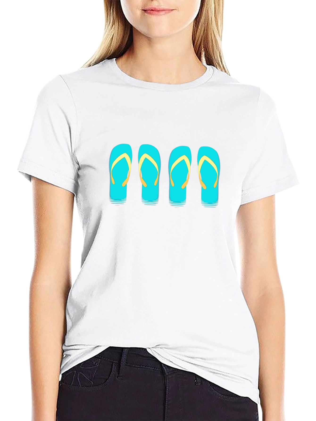 Camiseta Negra con Diseño de Chanclas Turquesa