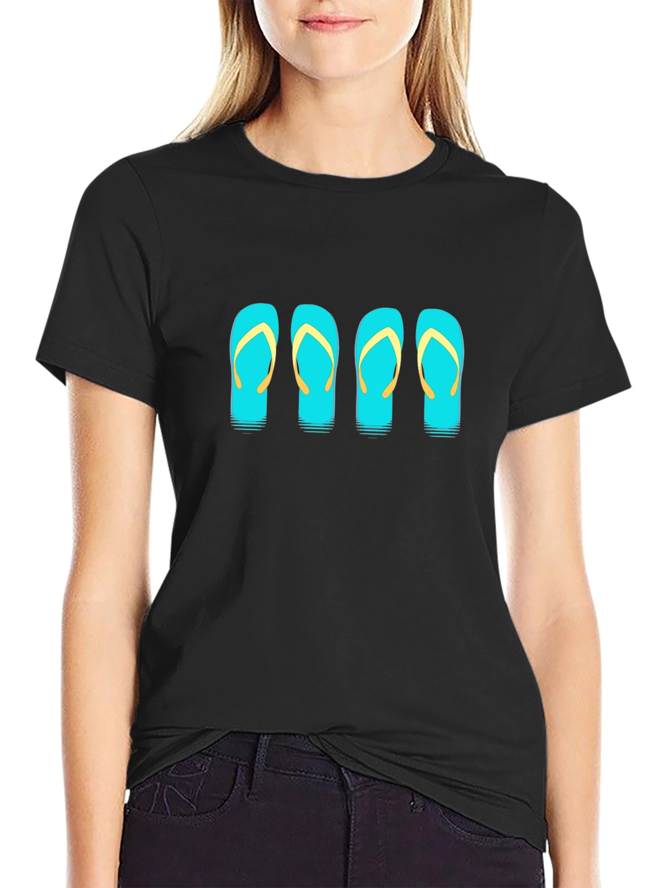 Camiseta Negra con Diseño de Chanclas Turquesa