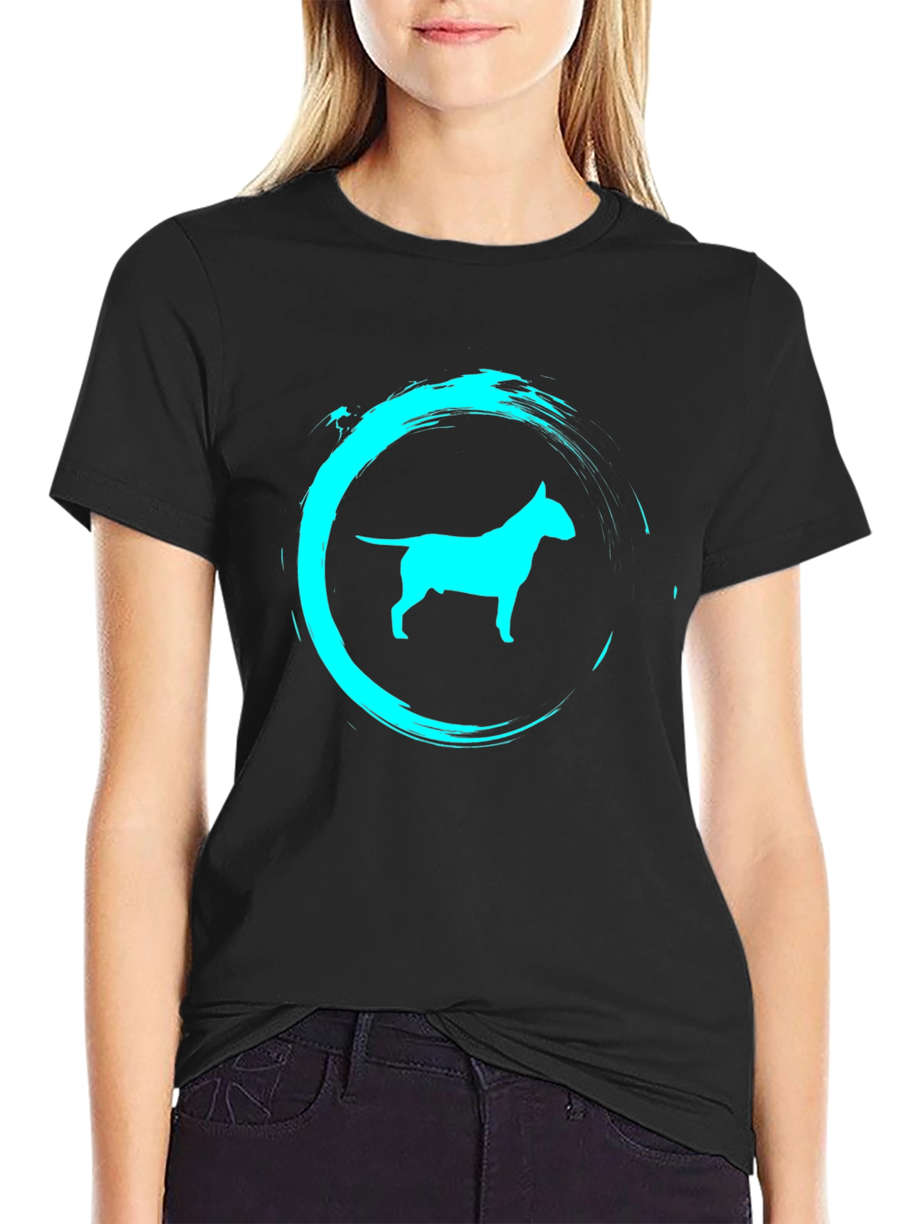 Camiseta Negra con Diseño de Bull Terrier Turquesa