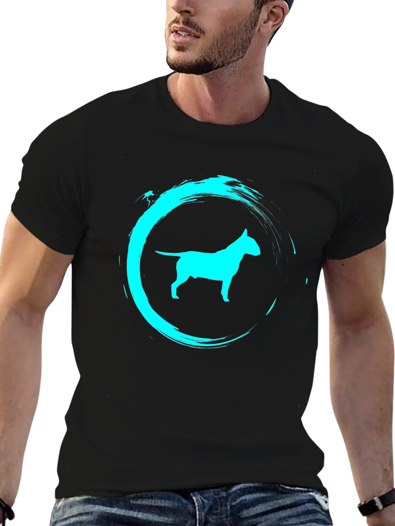 Camiseta Negra con Diseño de Bull Terrier Turquesa