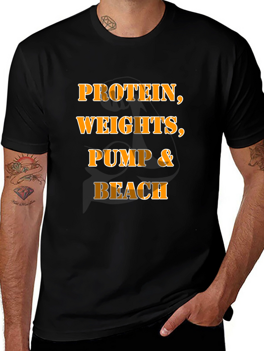 Camiseta Hombre Negra: Proteína Pesas Bombeo & Playa