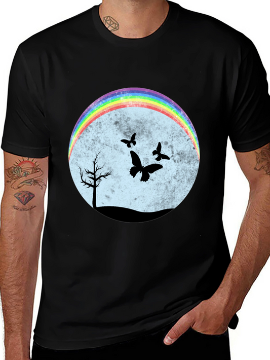 Camiseta Negra con Diseño de Arcoíris y Mariposas