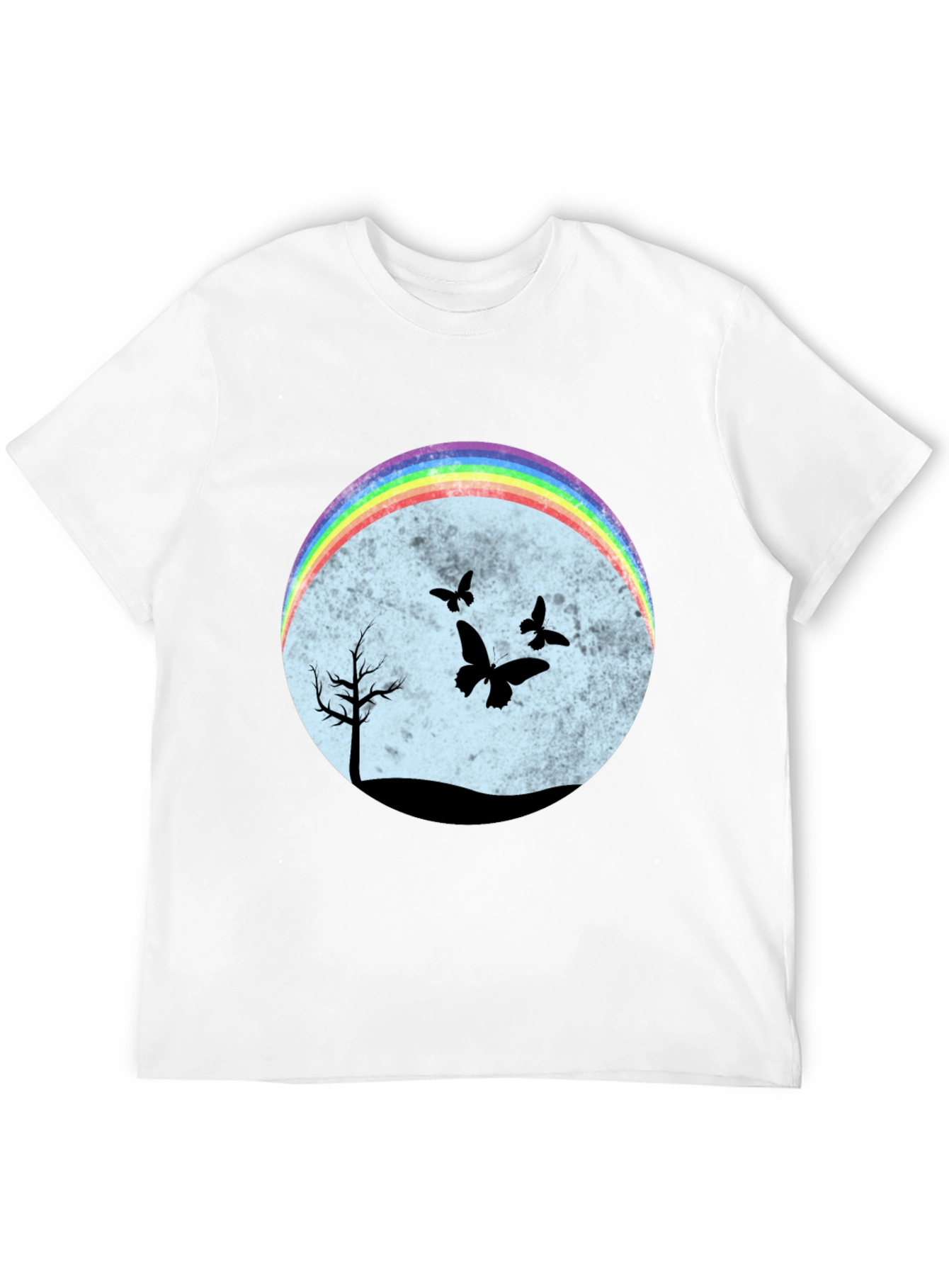 Camiseta Negra con Diseño de Arcoíris y Mariposas