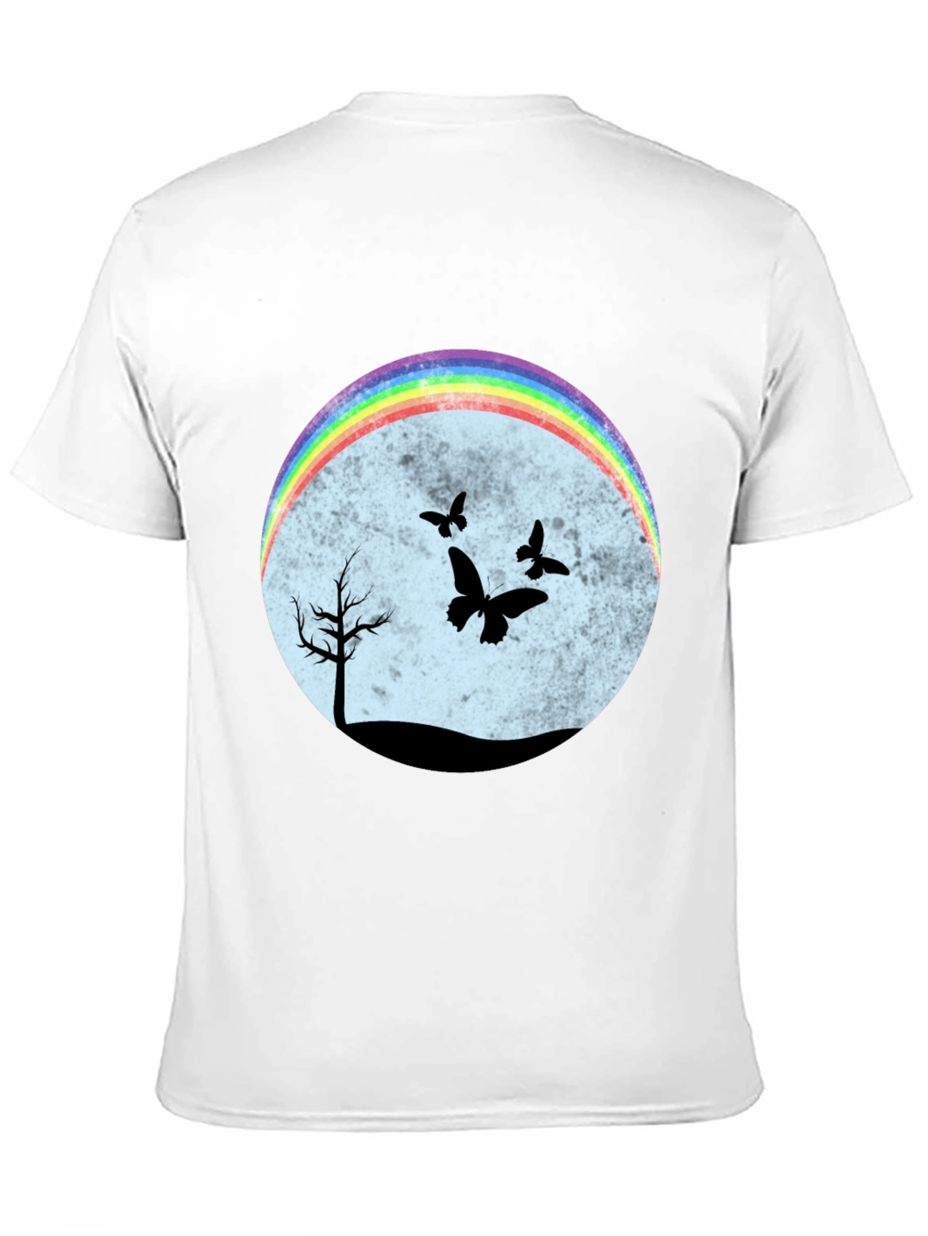 Camiseta Negra con Diseño de Arcoíris y Mariposas