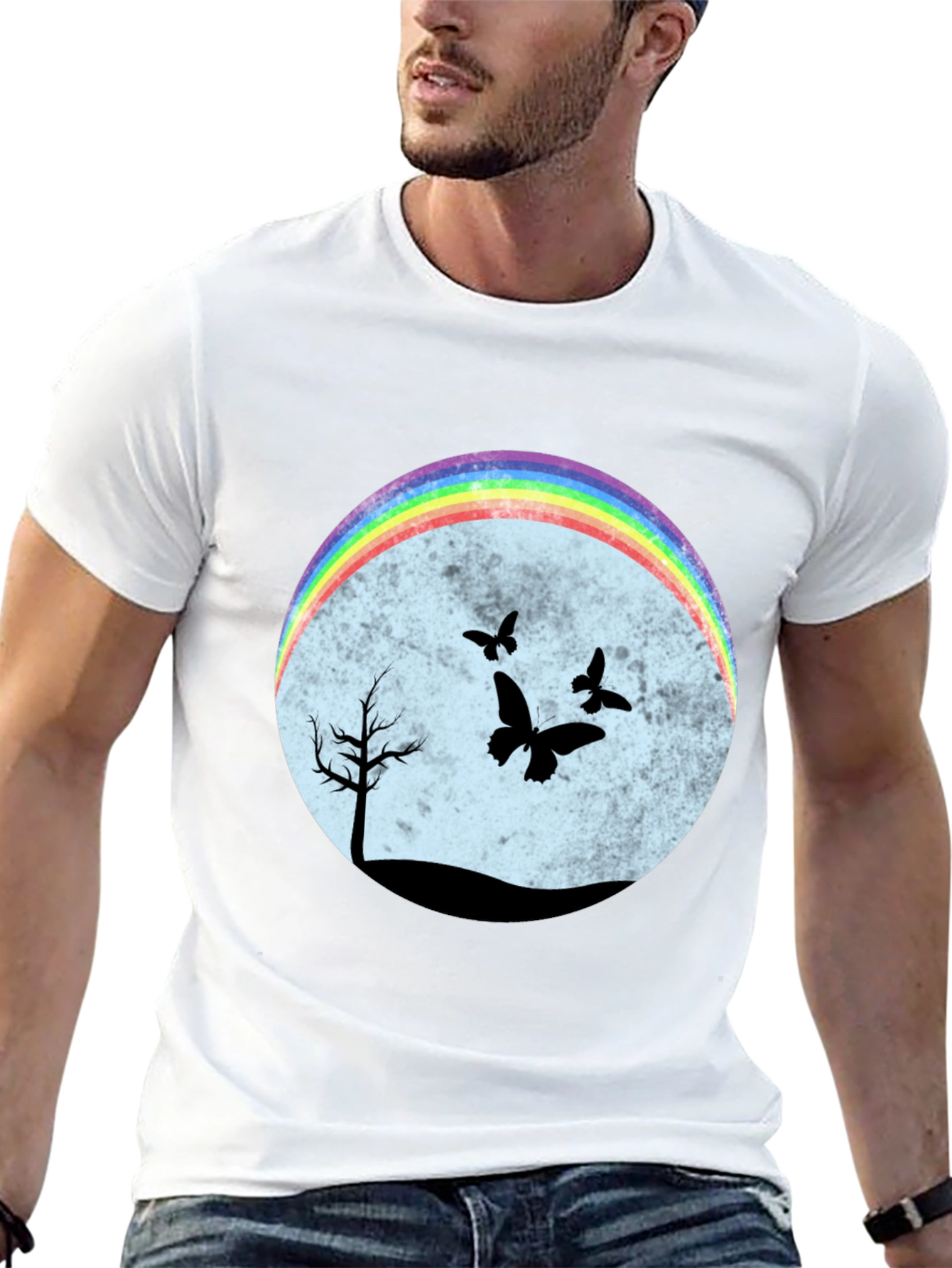 Camiseta Negra con Diseño de Arcoíris y Mariposas