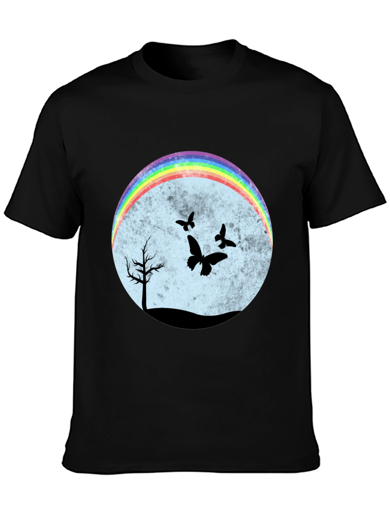 Camiseta Negra con Diseño de Arcoíris y Mariposas