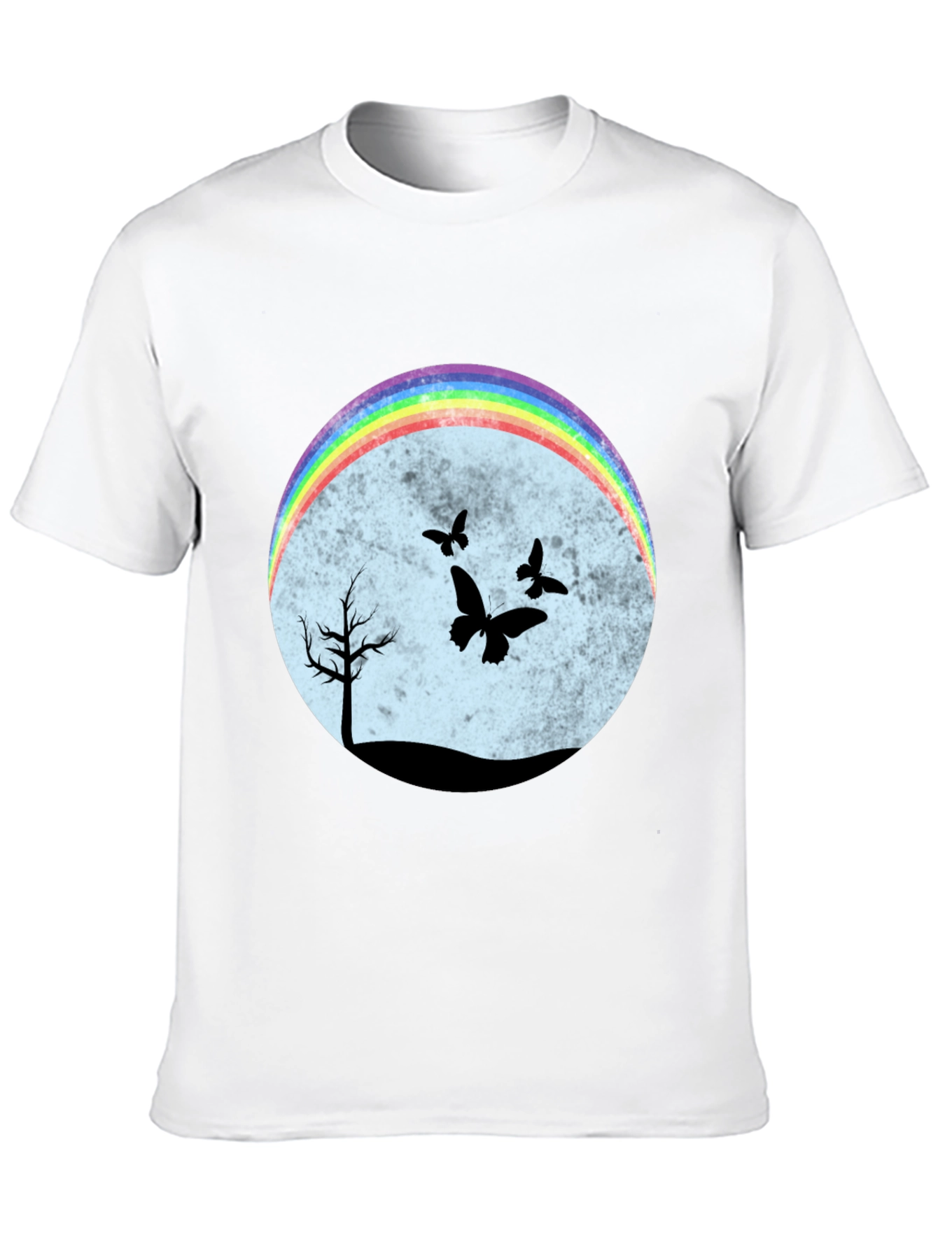 Camiseta Negra con Diseño de Arcoíris y Mariposas