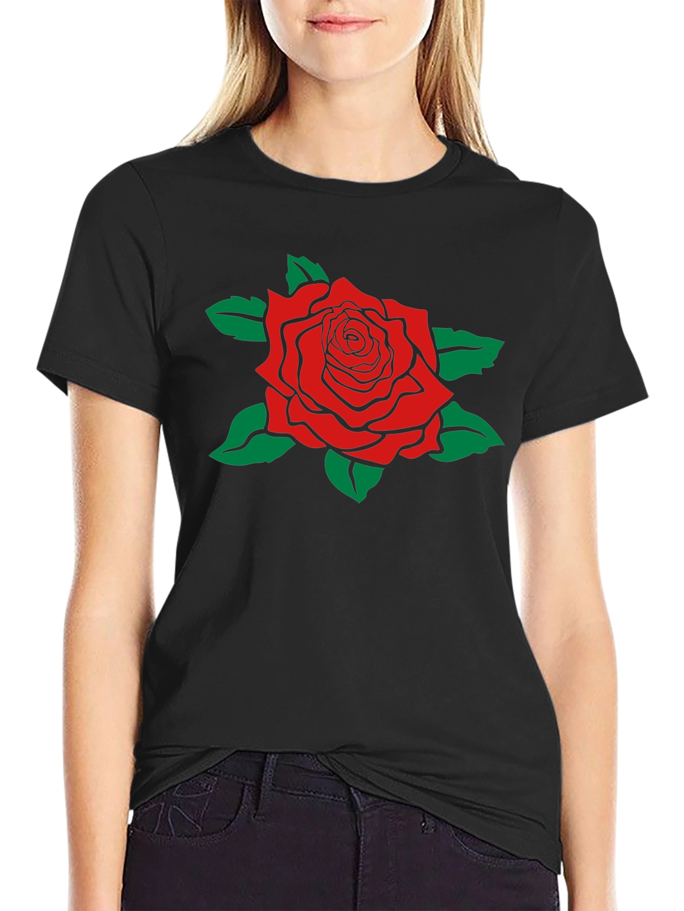 Camiseta Negra con Rosa Roja Estilizada
