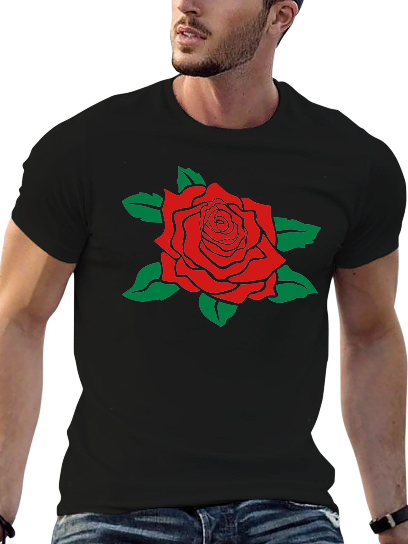 Camiseta Negra con Rosa Roja Estilizada