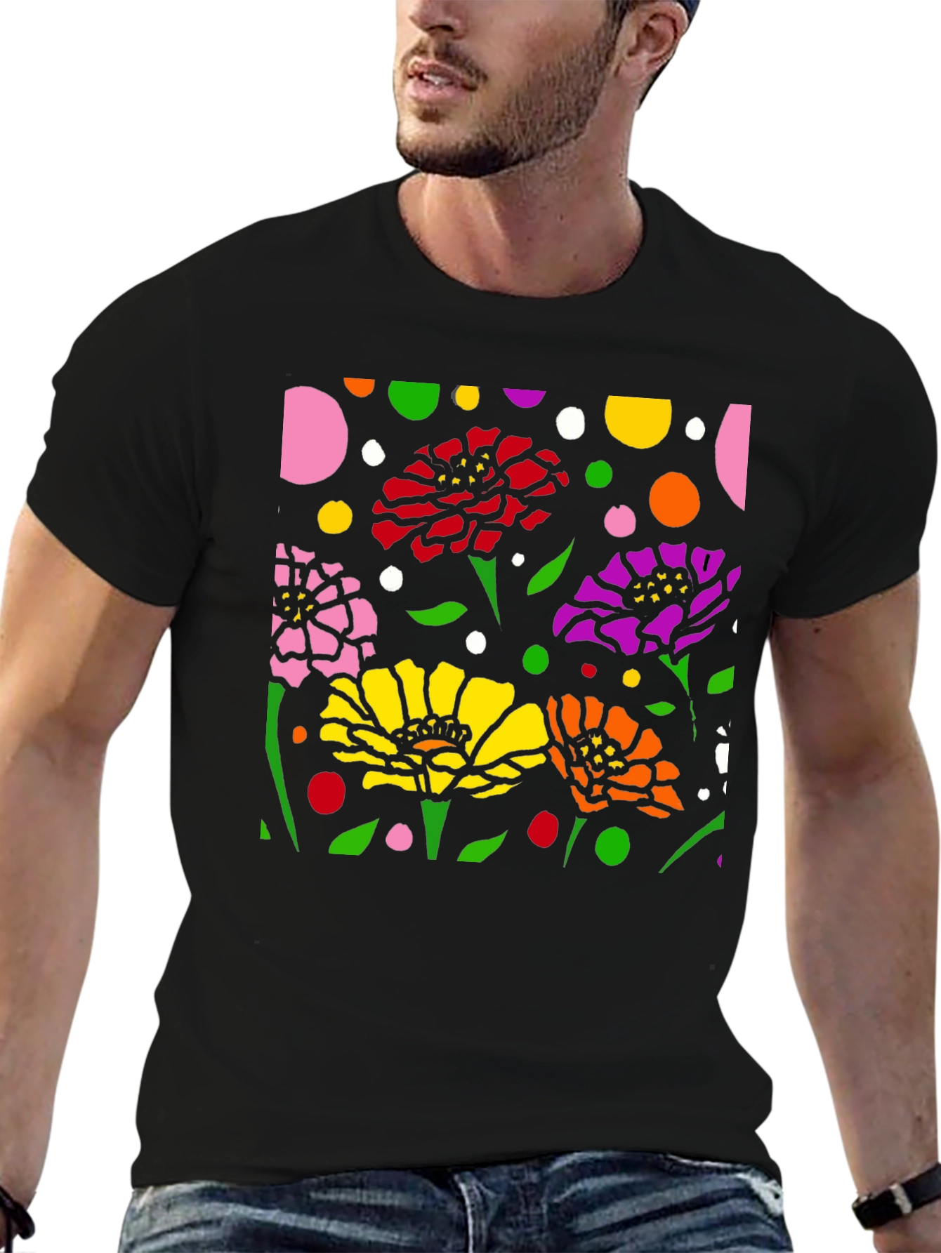 Camiseta Negra con Diseño Floral Abstracto