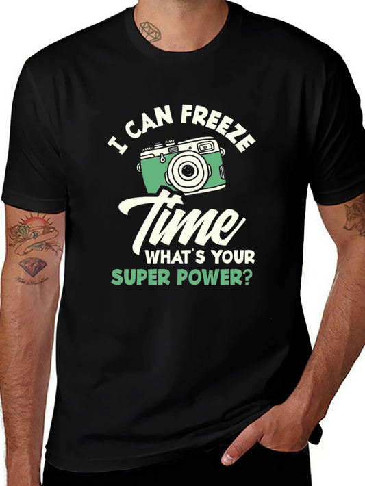 Camiseta Negra Super Poderes con Diseño de Cámara