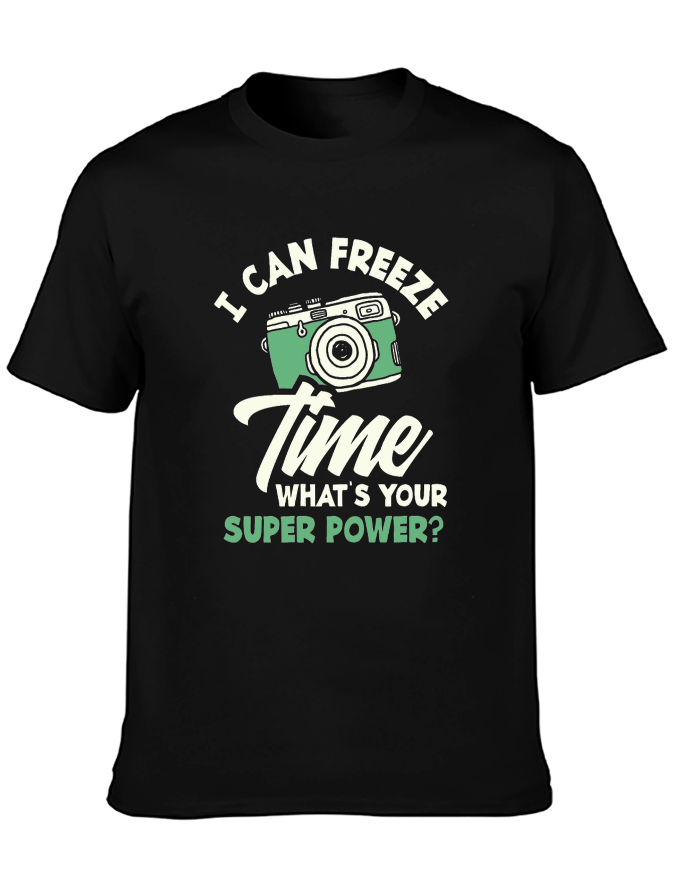 Camiseta Negra Super Poderes con Diseño de Cámara