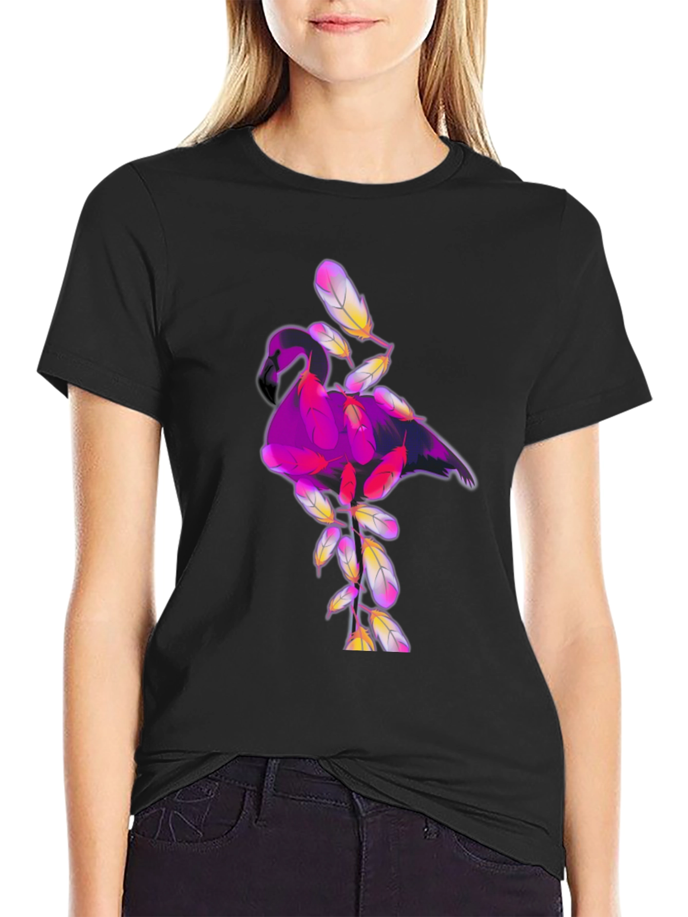 Camiseta Negra con Diseño de Flamenco Abstracto