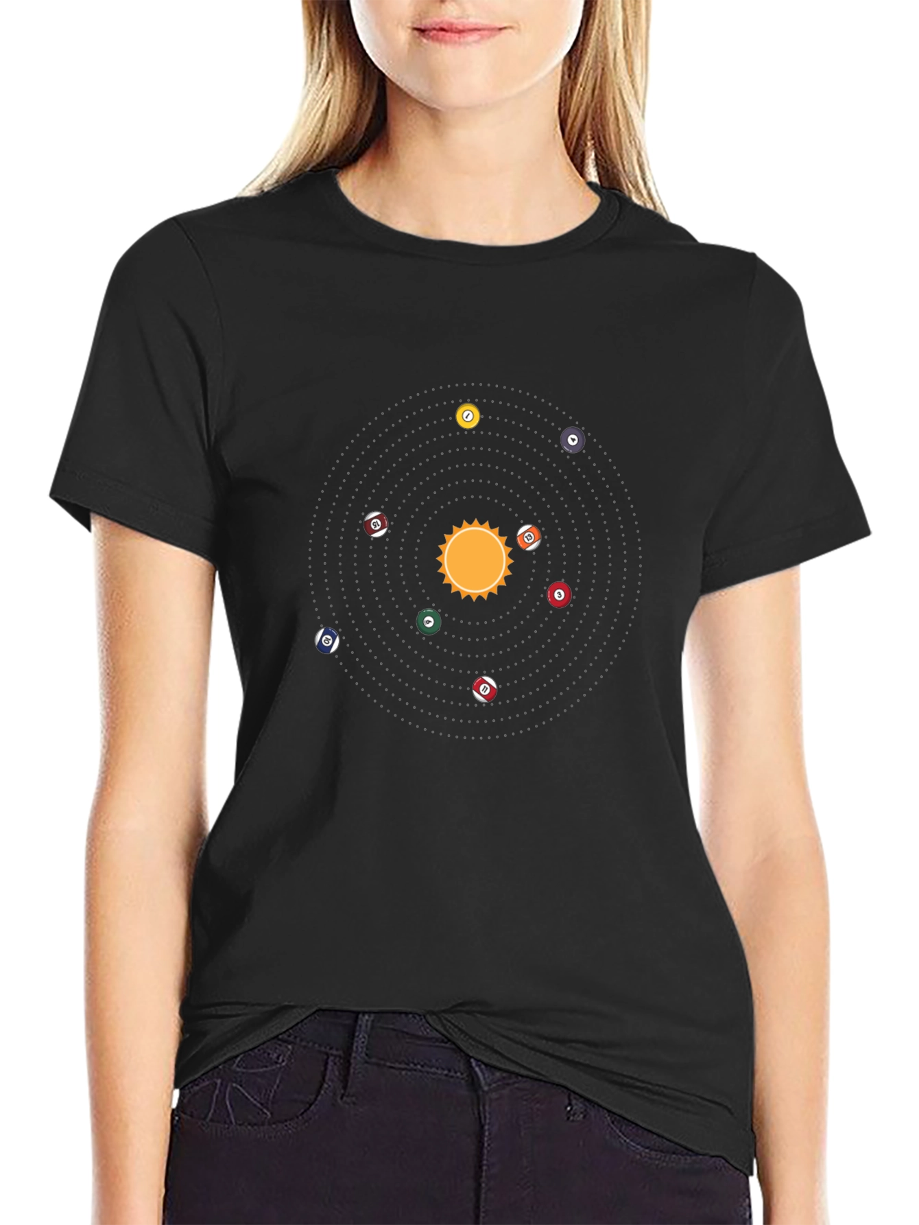 Camiseta Negra: Sistema Solar de Billar