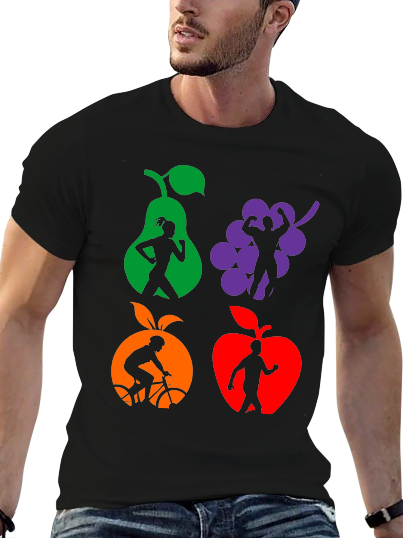Camiseta Negra Deportiva con Diseño de Frutas