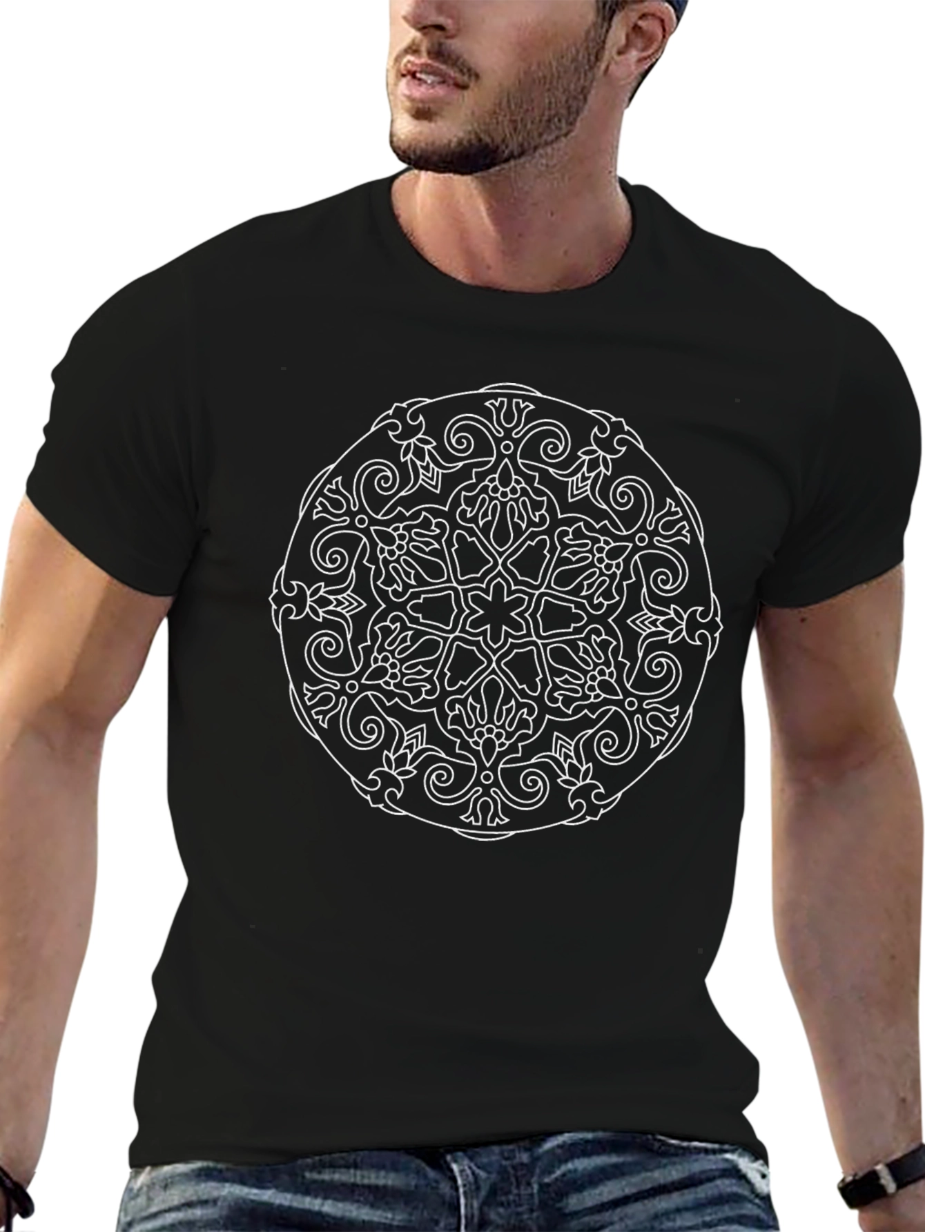 Camiseta Negra Mandala Diseño Floral