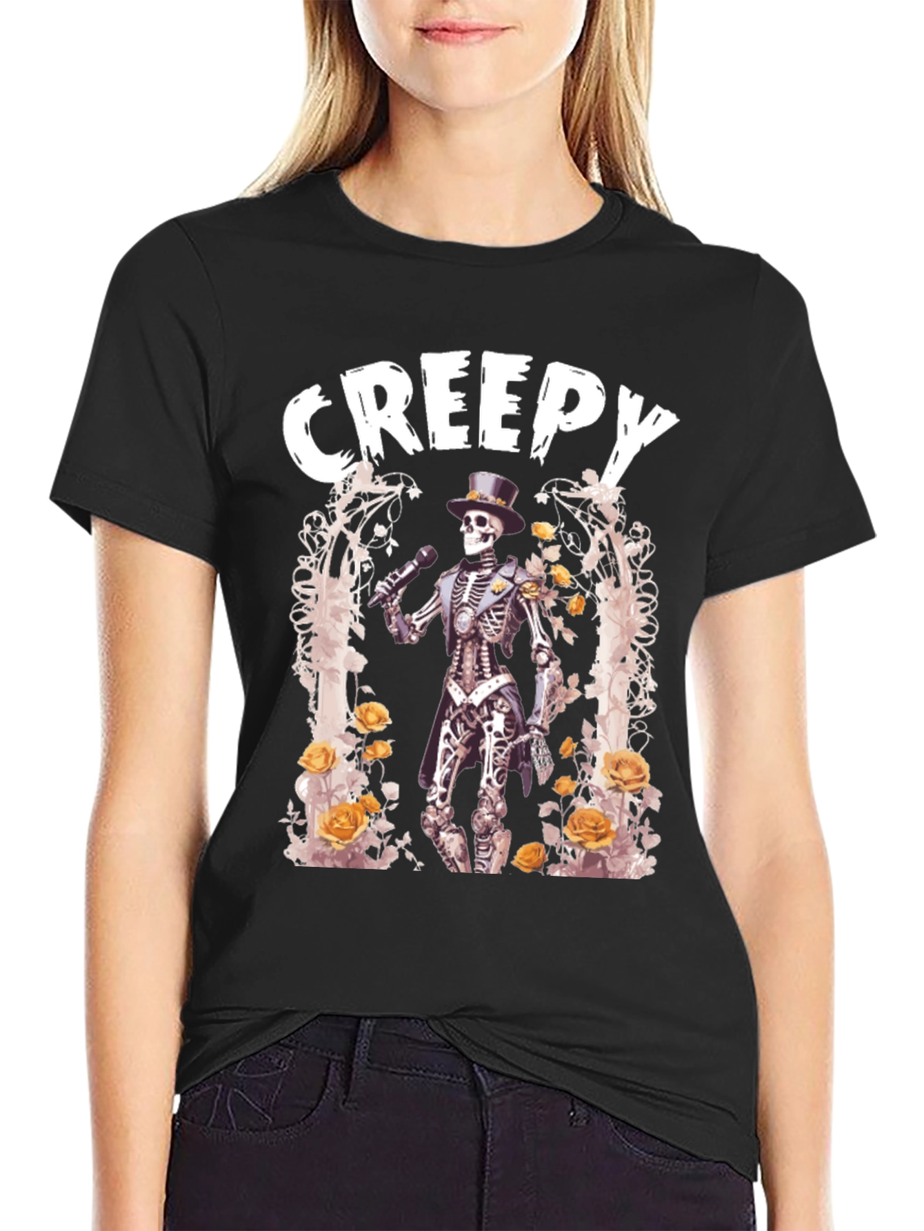 Camiseta Negra Creepy con Esqueleto Cantante
