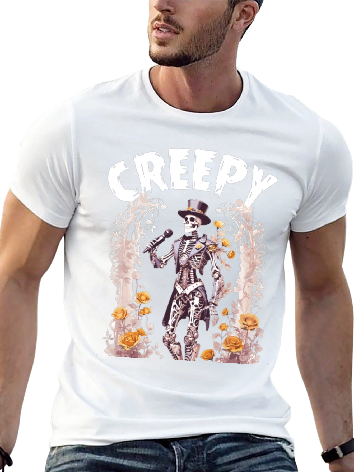 Camiseta Negra Creepy con Esqueleto Cantante