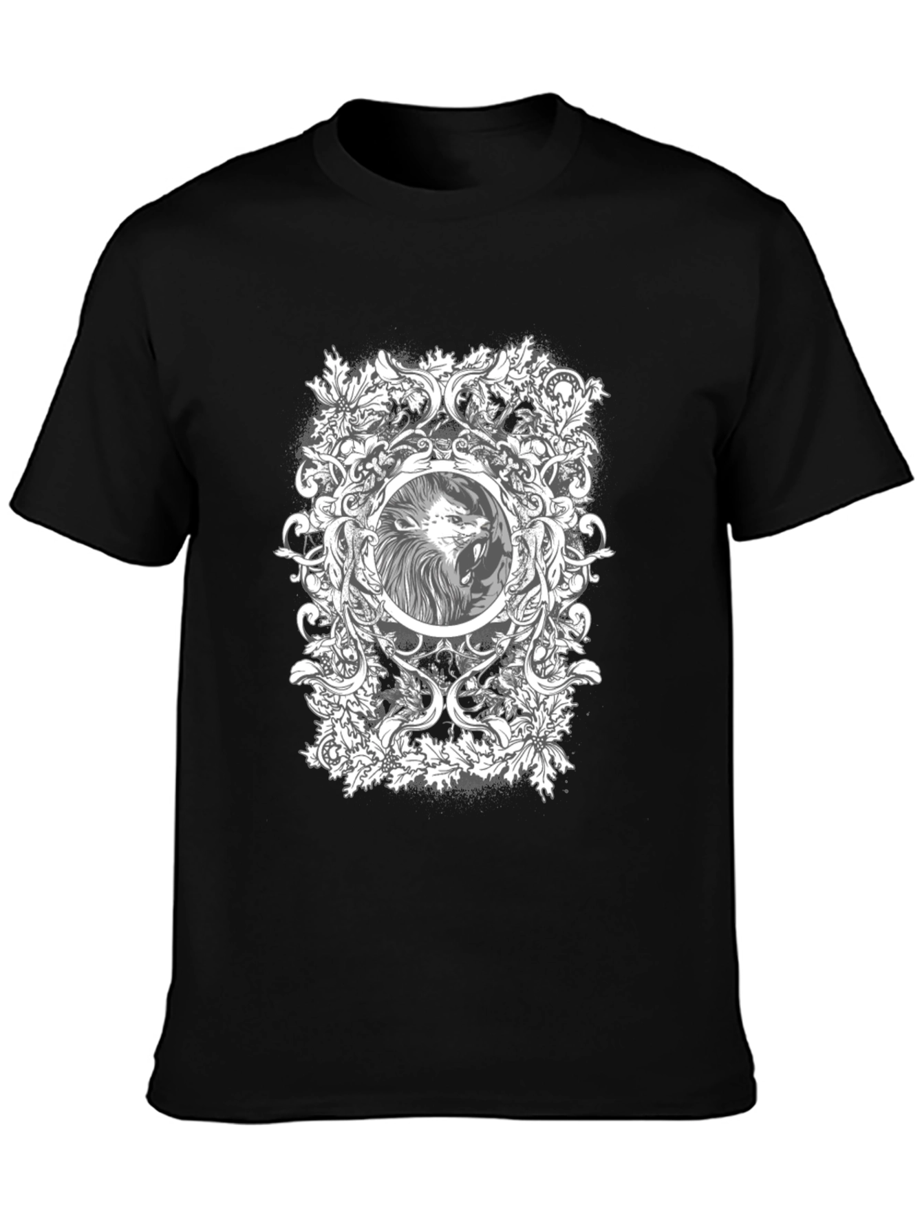 Camiseta Negra con Diseño de León Ornamental