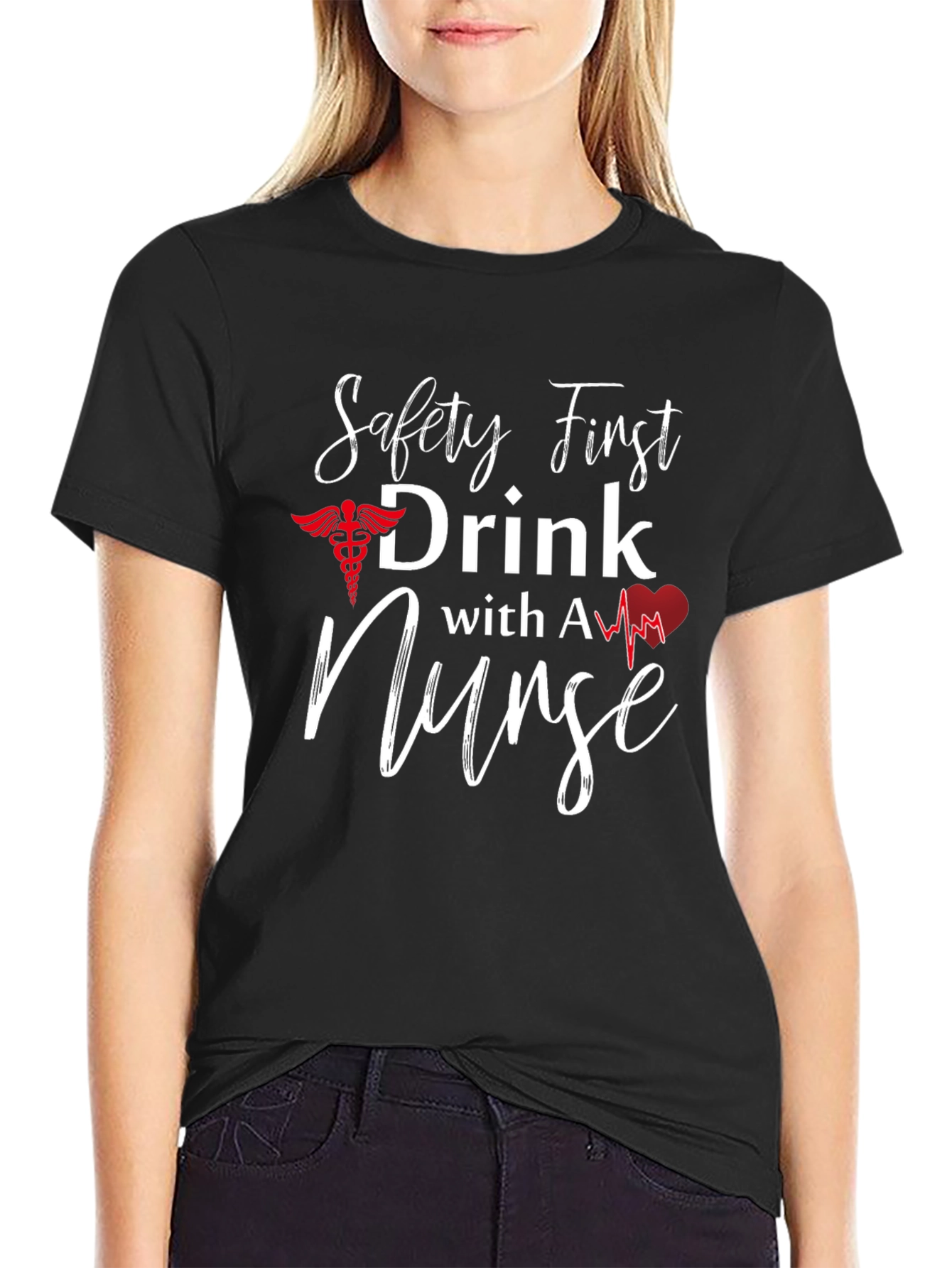 Camiseta Negra: Safety First Drink With A Nurse