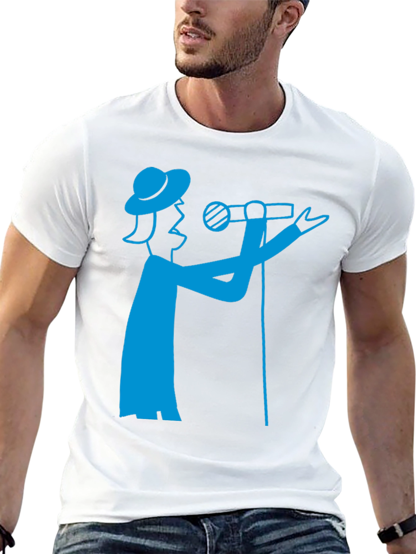 Camiseta Negra con Diseño de Cantante Azul