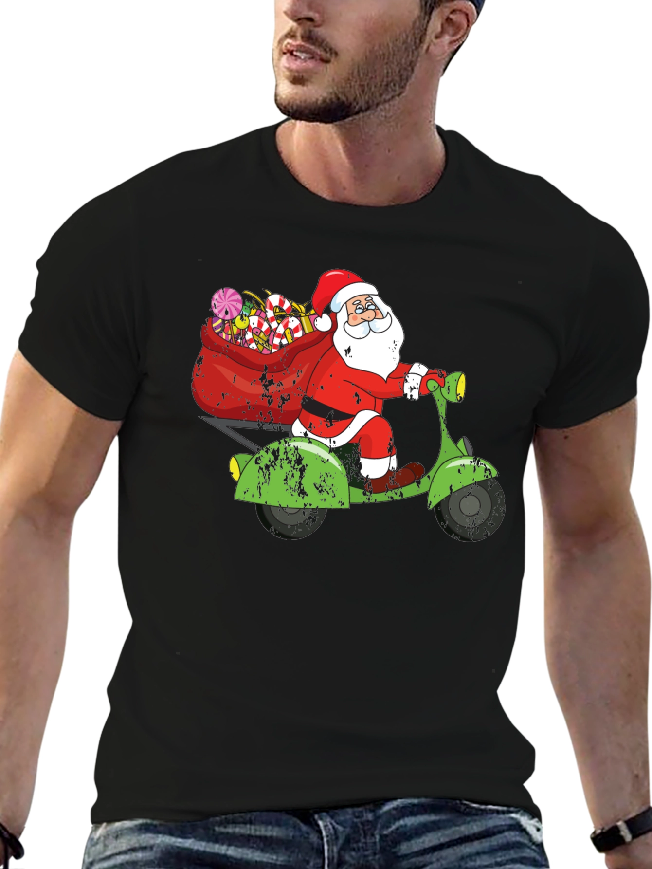 Camiseta Negra Santa en Scooter Navideña