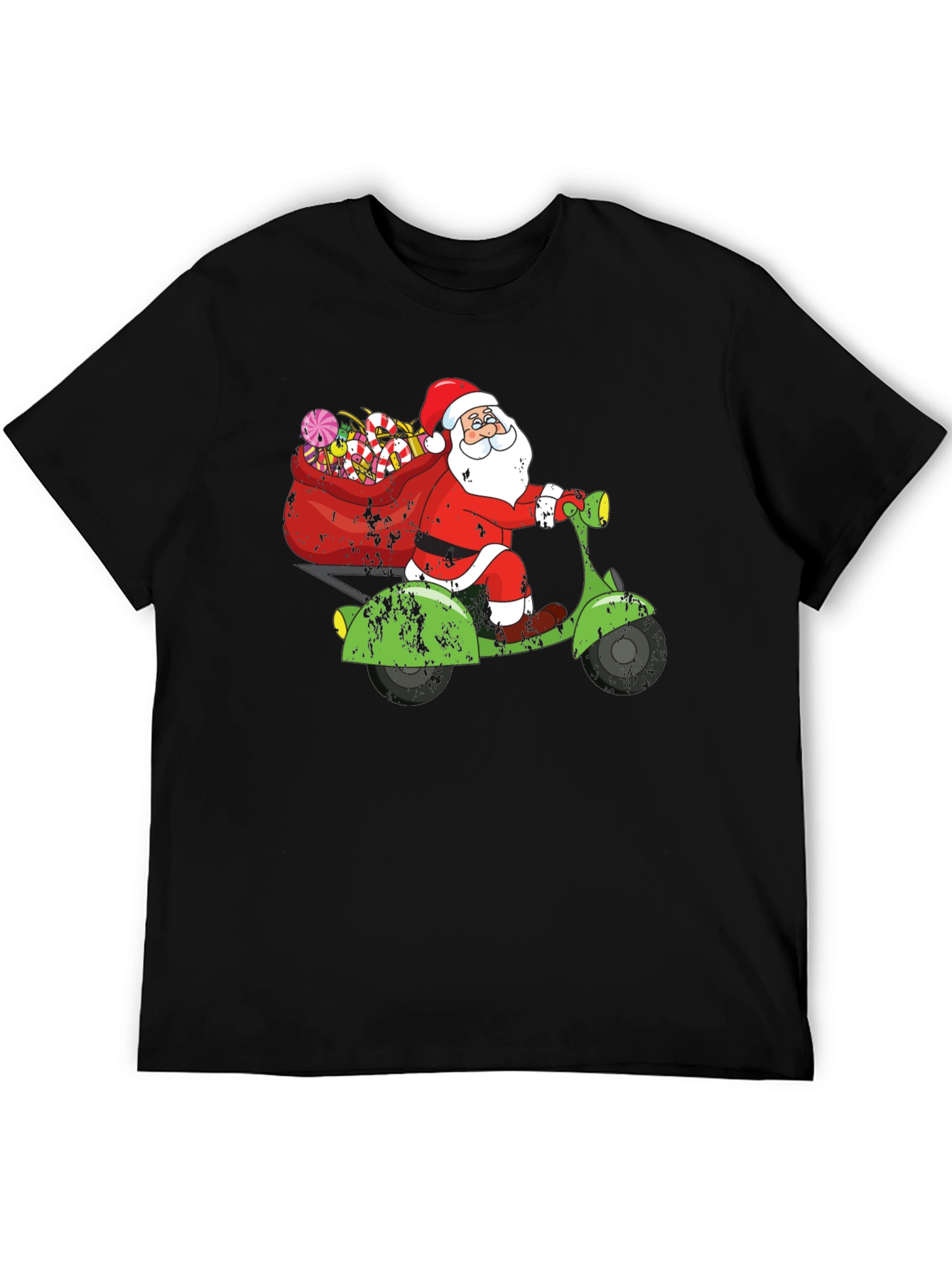 Camiseta Negra Santa en Scooter Navideña