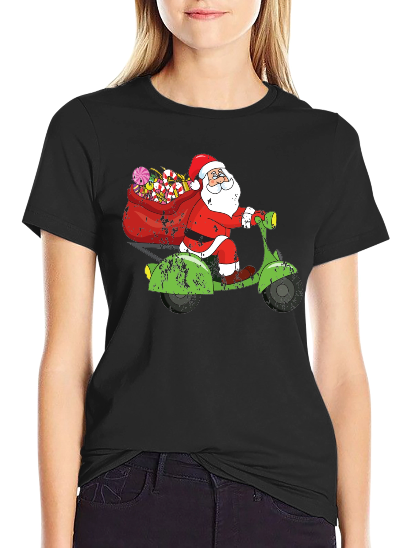 Camiseta Negra Santa en Scooter Navideña