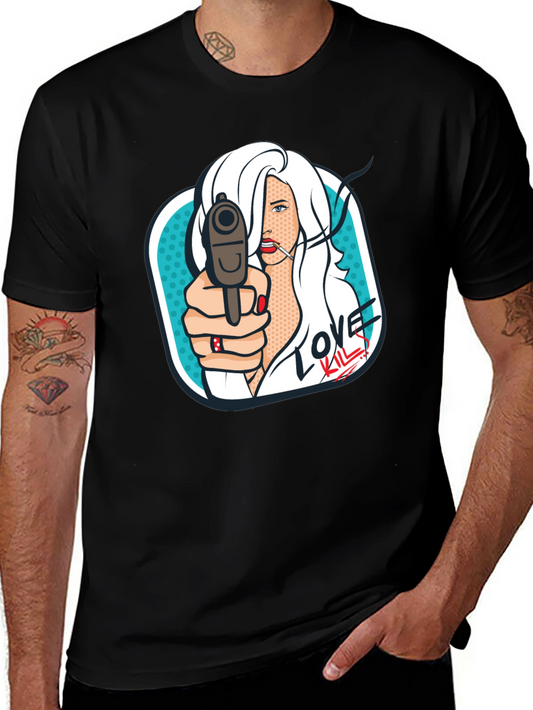 Camiseta Negra con Diseño Pop Art de Amor y Peligro