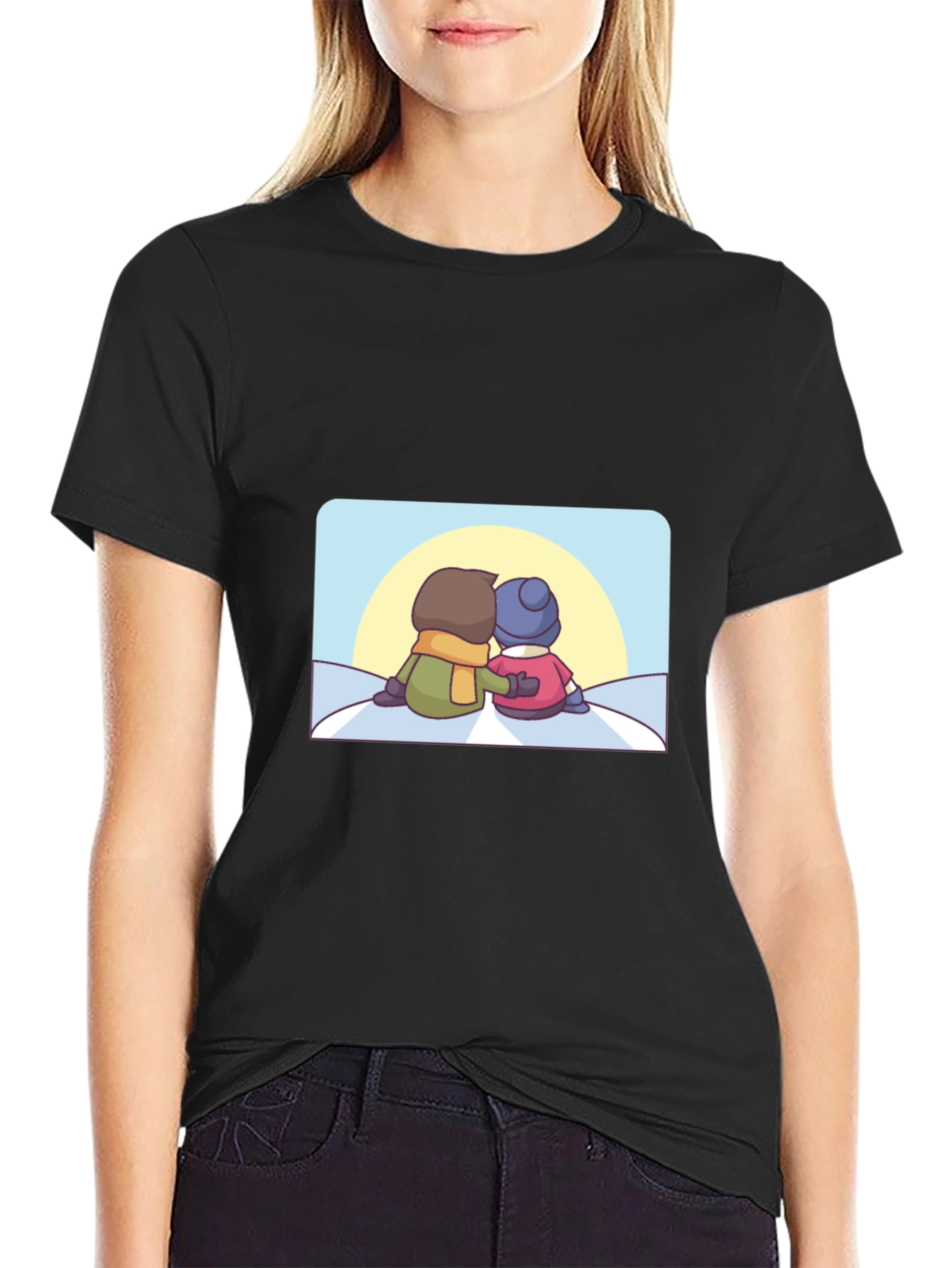 Camiseta Negra con Diseño de Pareja Invernal