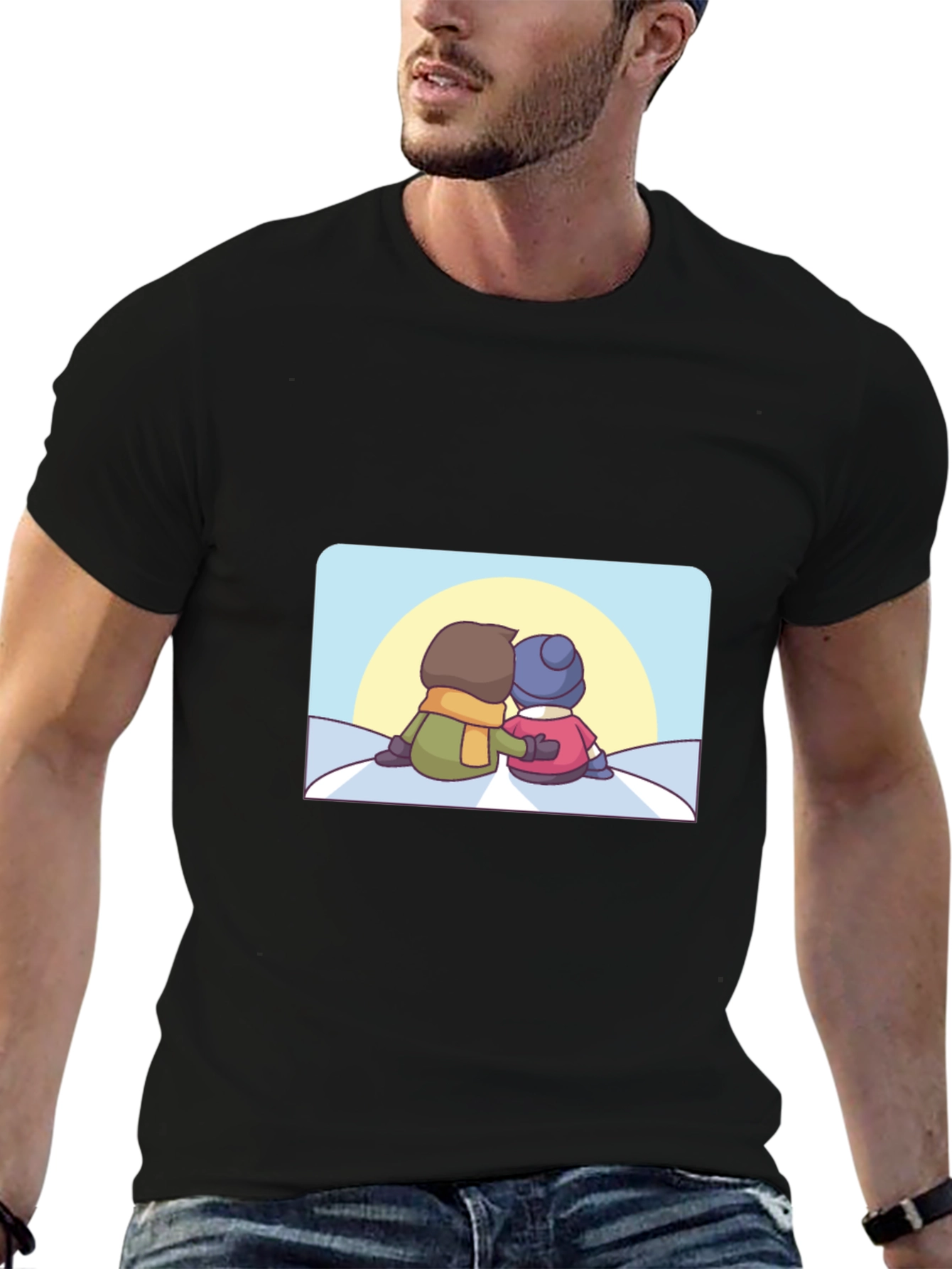 Camiseta Negra con Diseño de Pareja Invernal