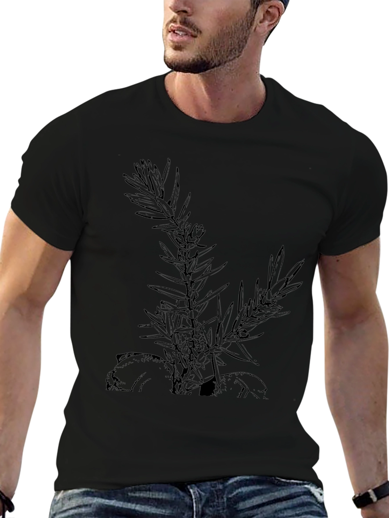 Camiseta Negra con Diseño Botánico Abstracto
