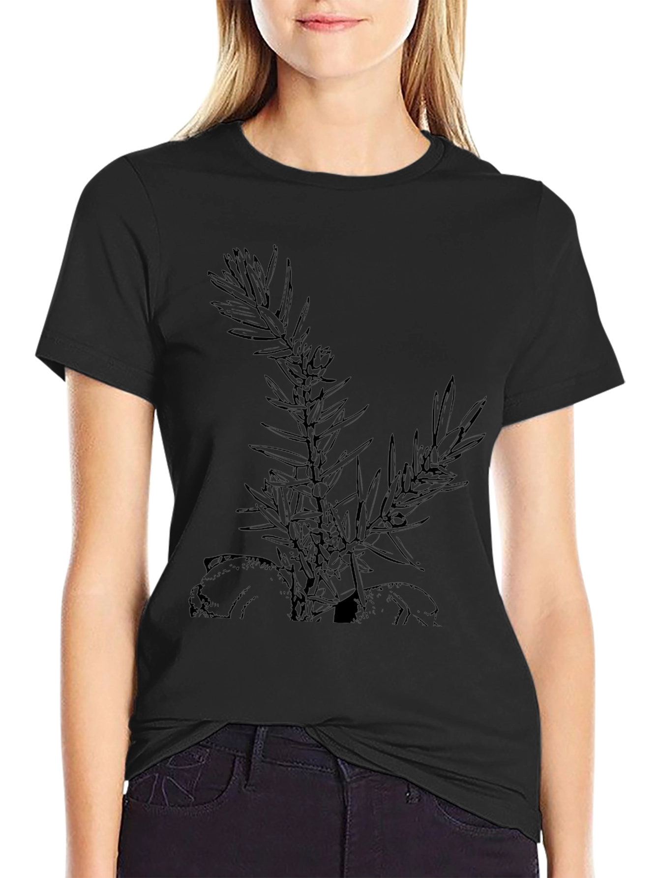 Camiseta Negra con Diseño Botánico Abstracto