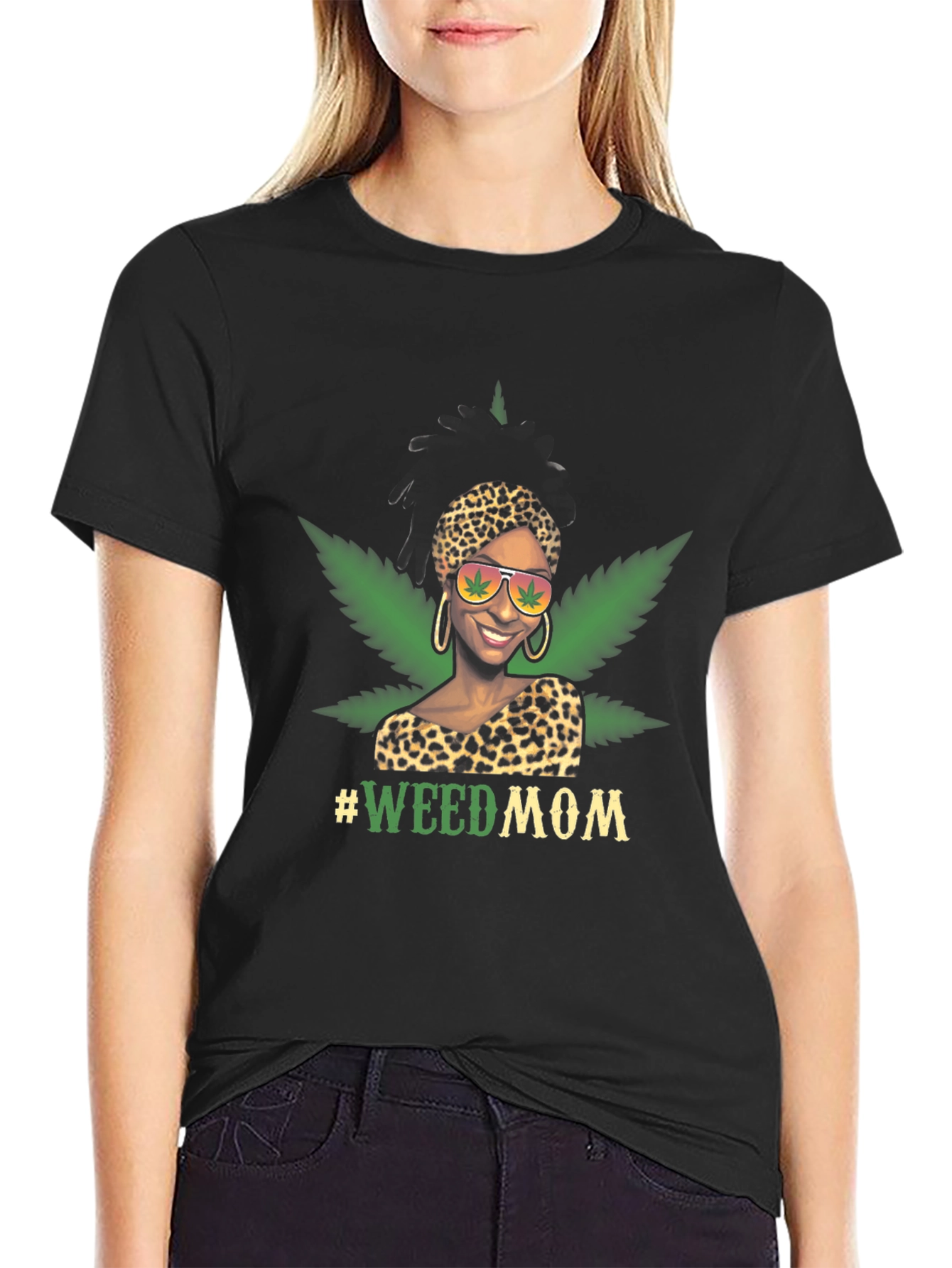 Camiseta Negra #WeedMom Diseño Gráfico Divertido
