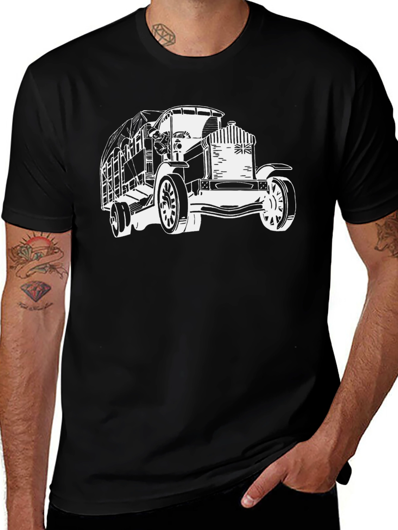 Camiseta Negra con Diseño de Camión Clásico Británico
