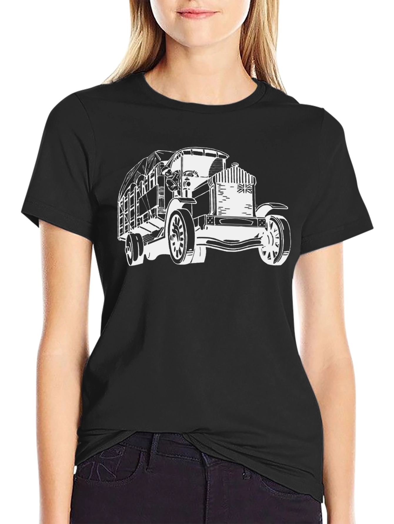 Camiseta Negra con Diseño de Camión Clásico Británico