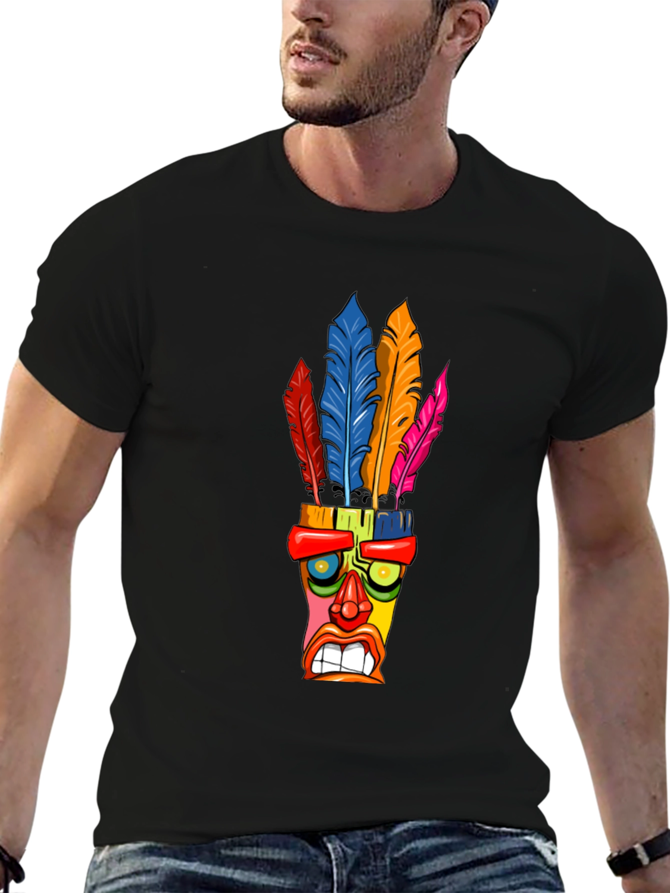 Camiseta Negra con Diseño Tiki Tribal