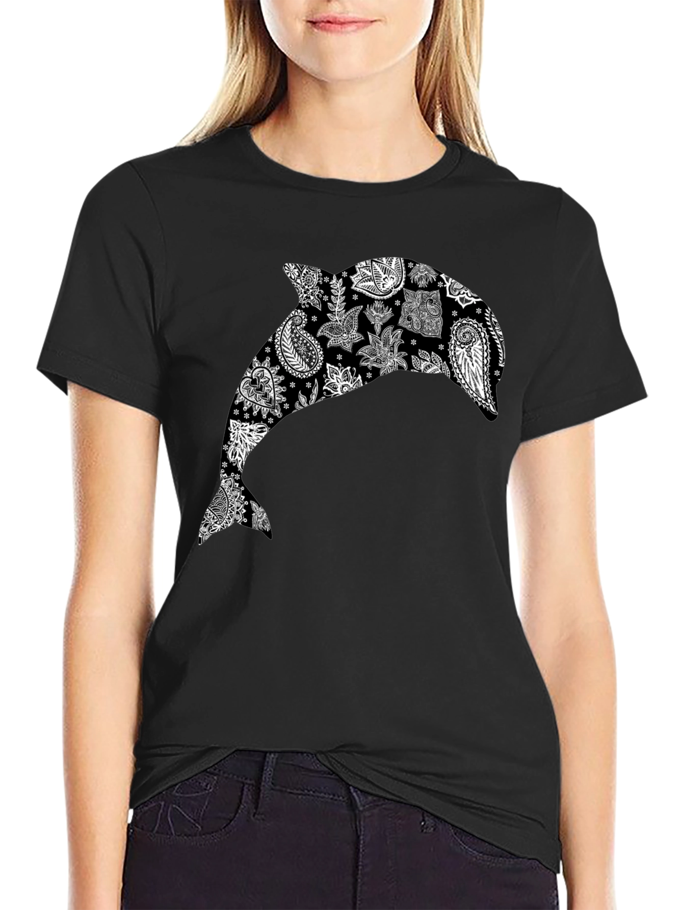 Camiseta Negra con Delfín Estampado