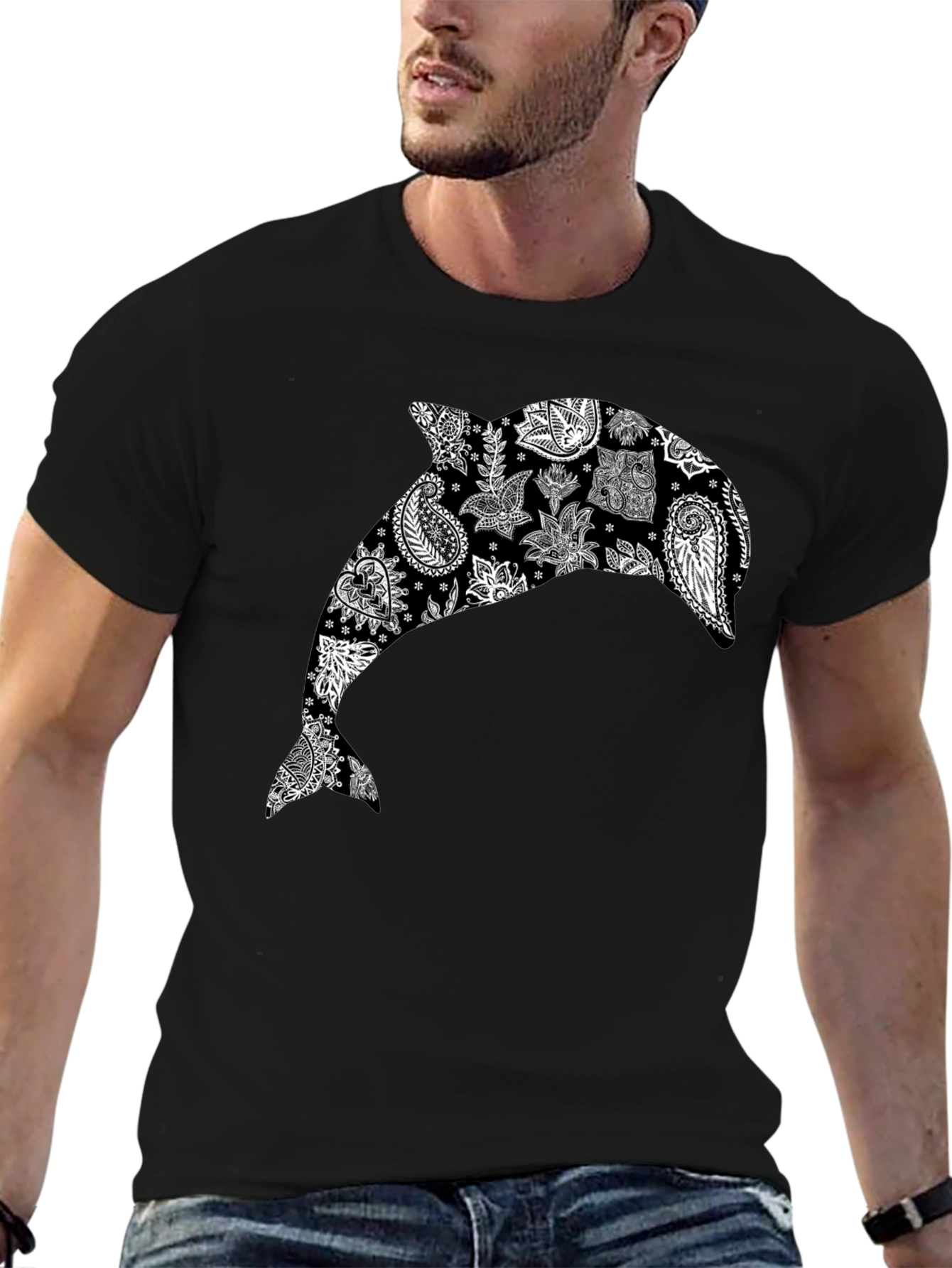 Camiseta Negra con Delfín Estampado