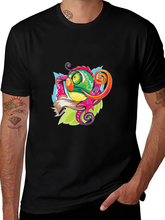 Camiseta Negra con Diseño de Camaleón Artístico