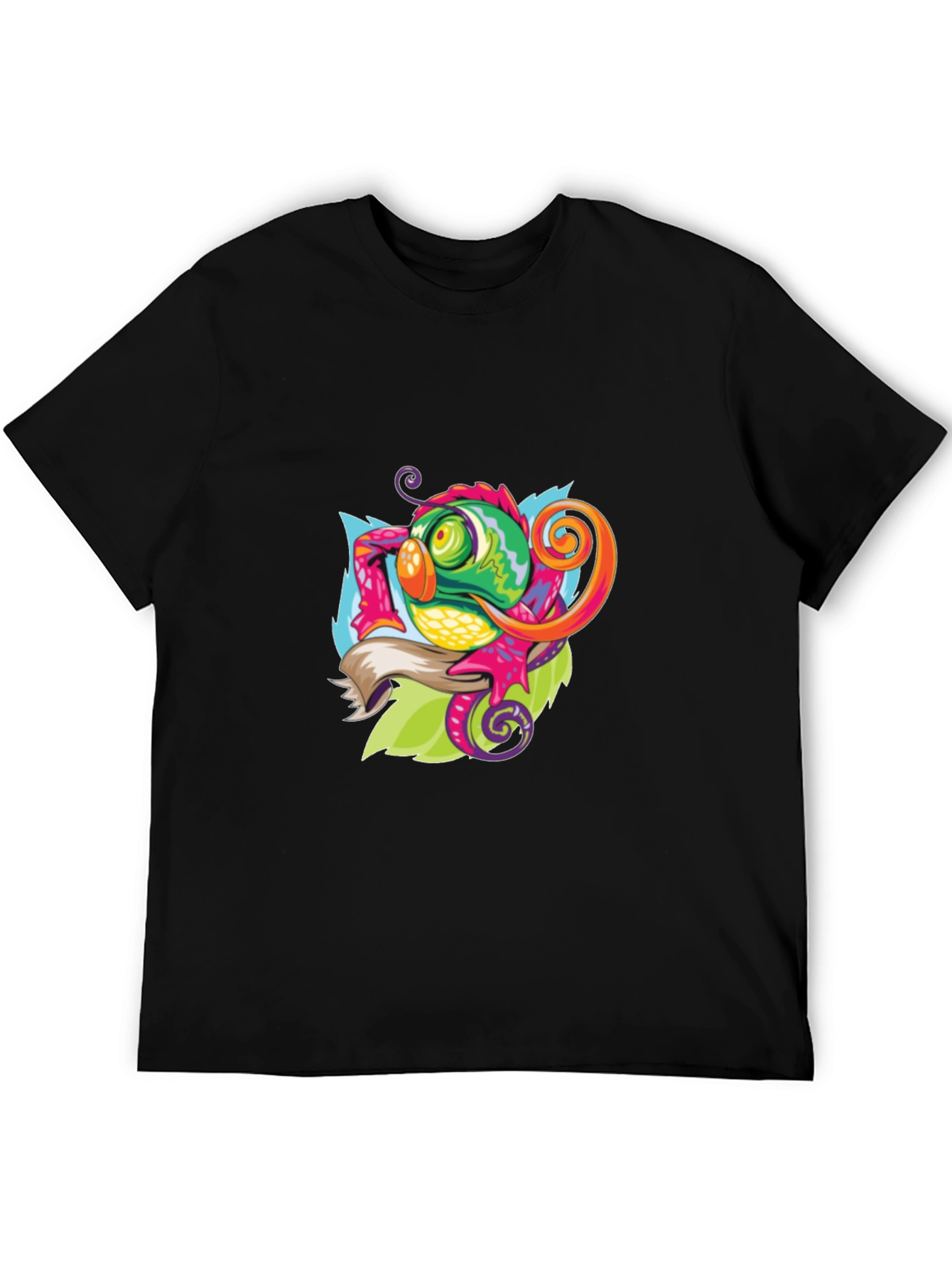 Camiseta Negra con Diseño de Camaleón Artístico