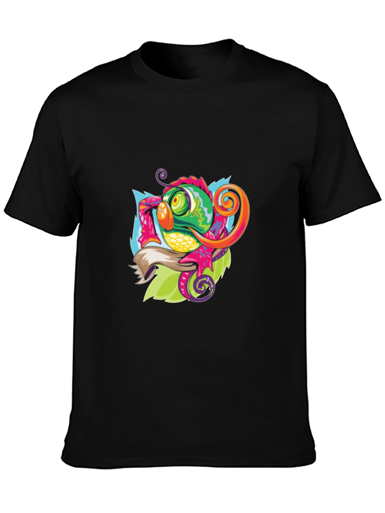 Camiseta Negra con Diseño de Camaleón Artístico