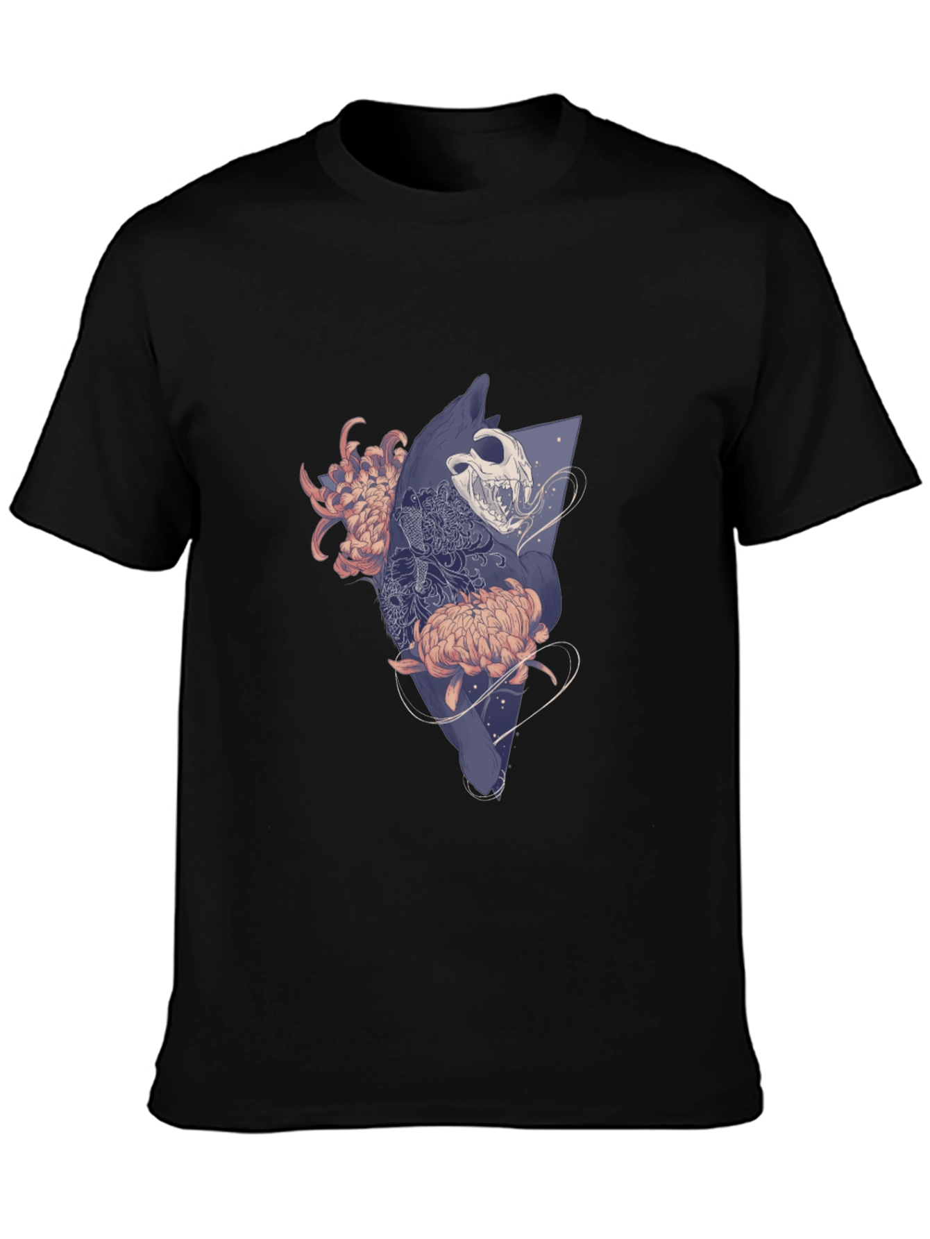 Camiseta Negra con Diseño Floral y Cráneo