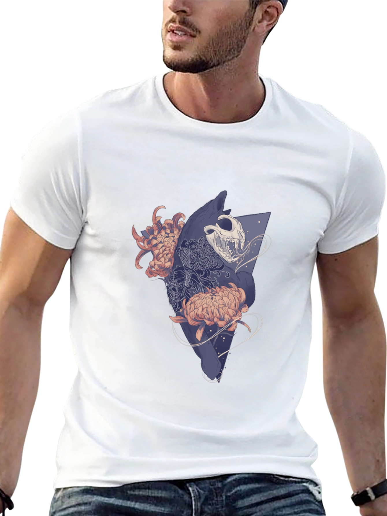 Camiseta Negra con Diseño Floral y Cráneo