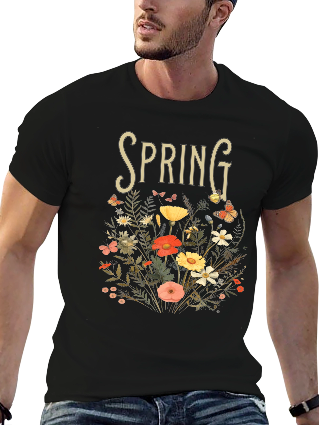 Camiseta Negra Primavera Floral para Hombre
